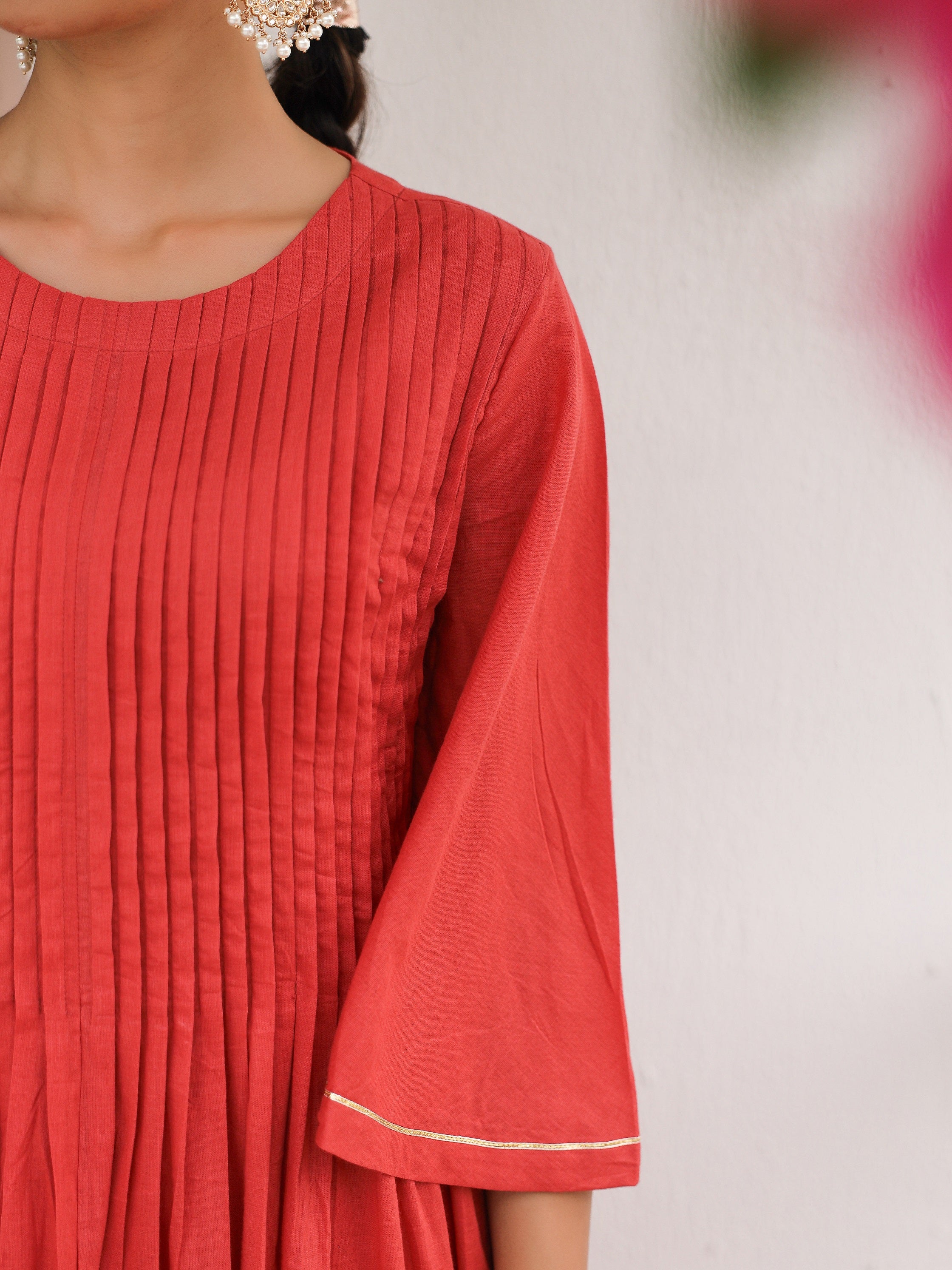 Dusty red mulmul cotton kurta set with trousers and dupatta