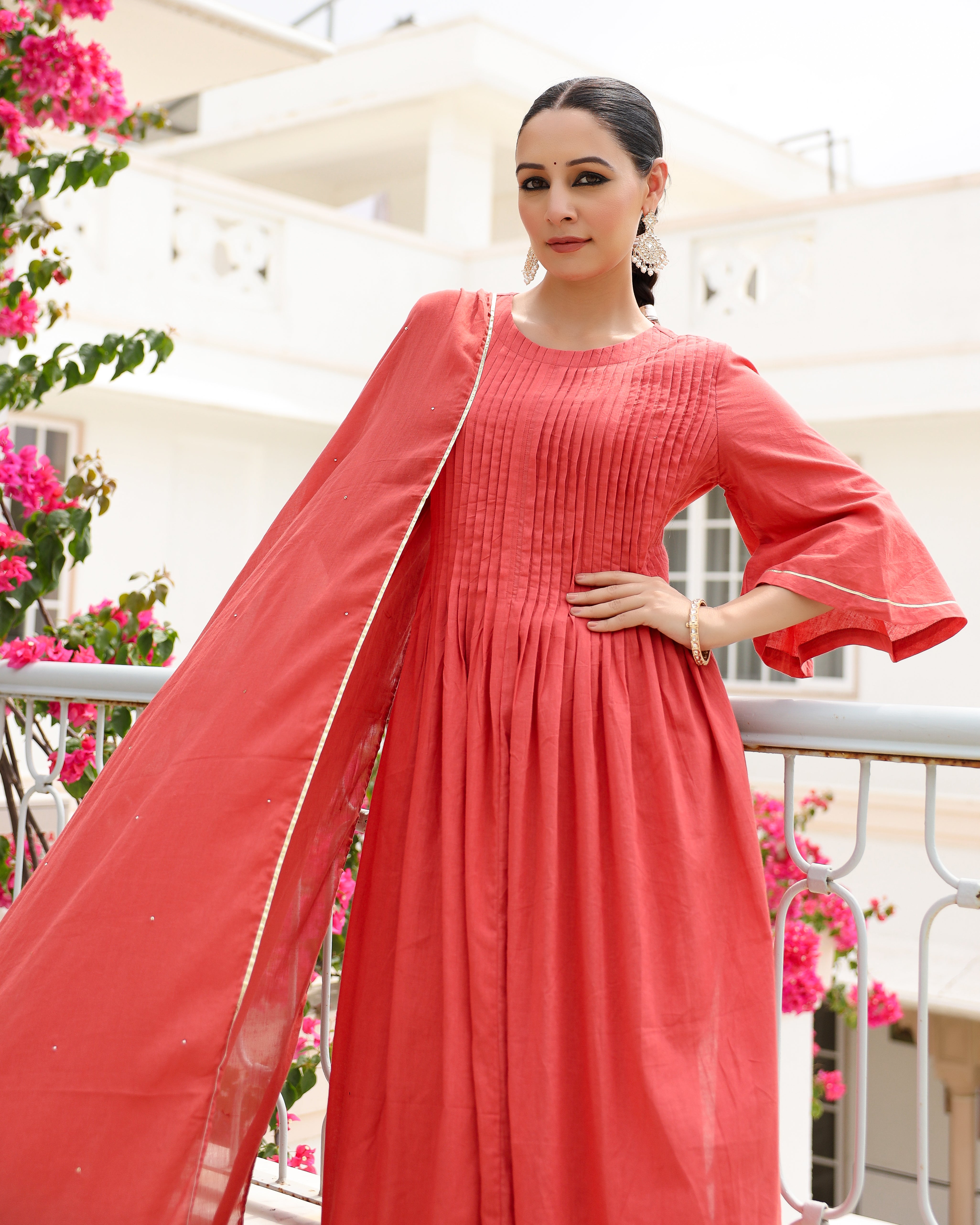 Dusty red mulmul cotton kurta set with trousers and dupatta