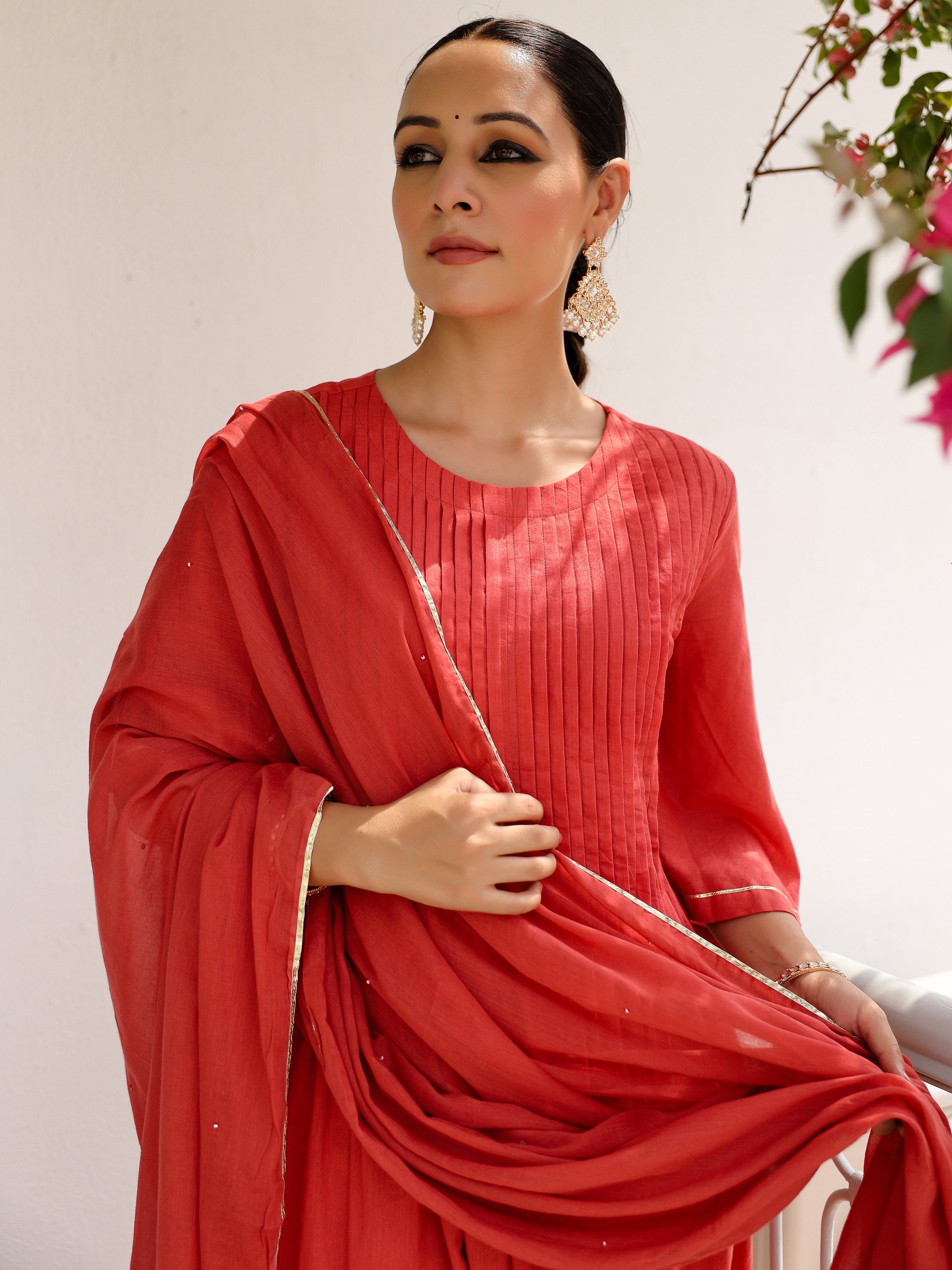 Dusty red mulmul cotton kurta set with trousers and dupatta