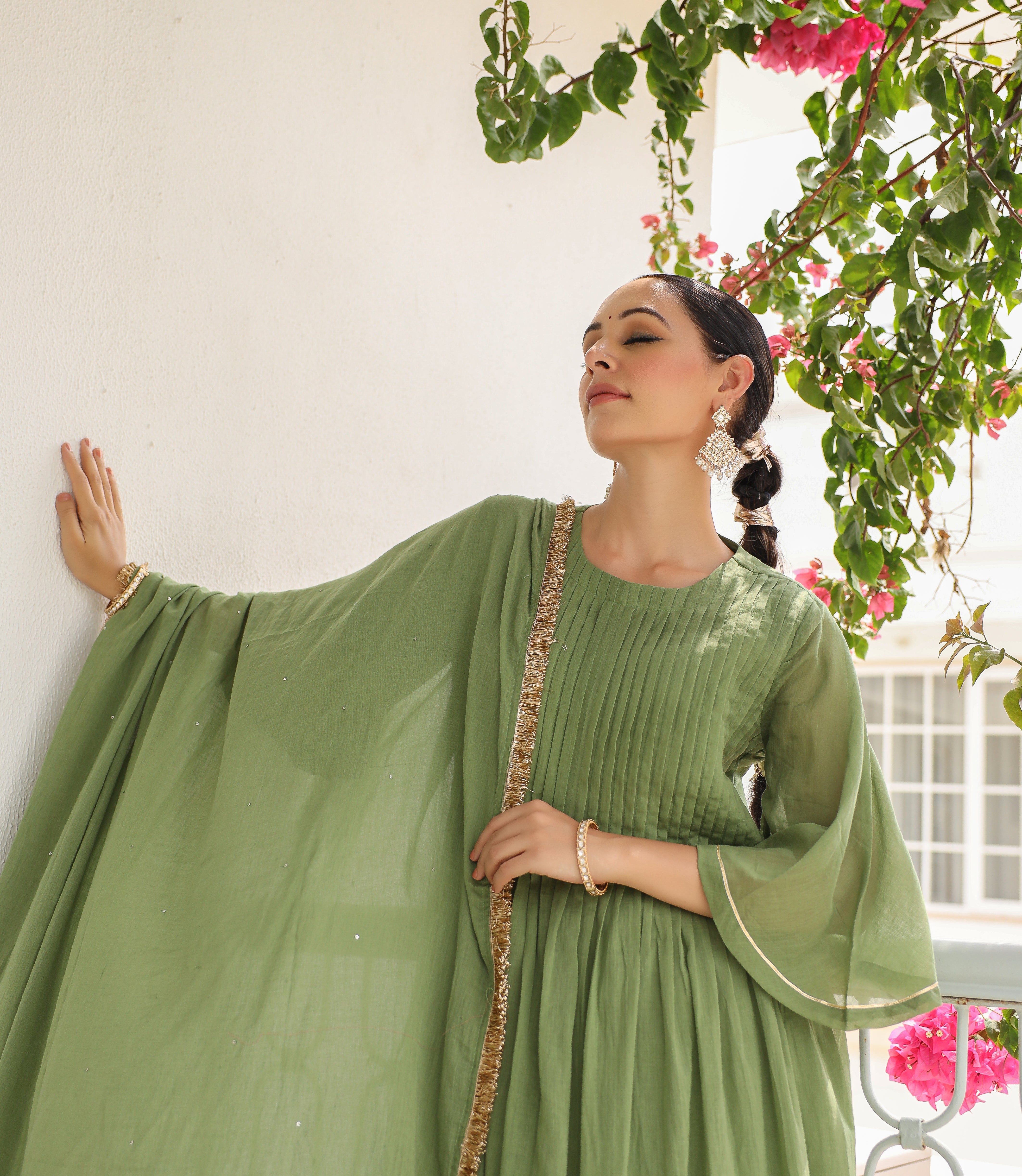Light green mulmul cotton kurta set with trousers and dupatta