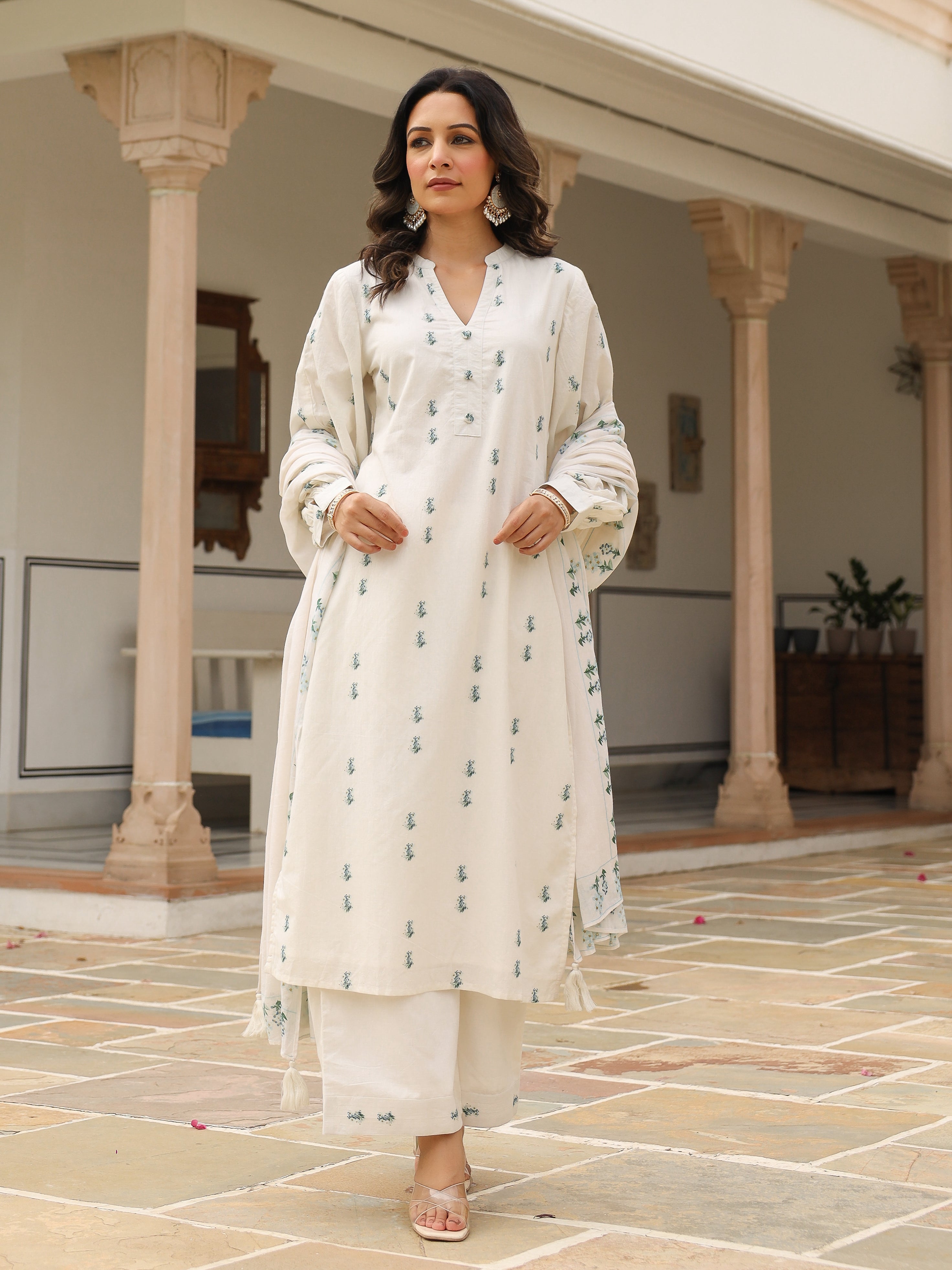 Handpainted cotton suit set with plazzo and dupatta