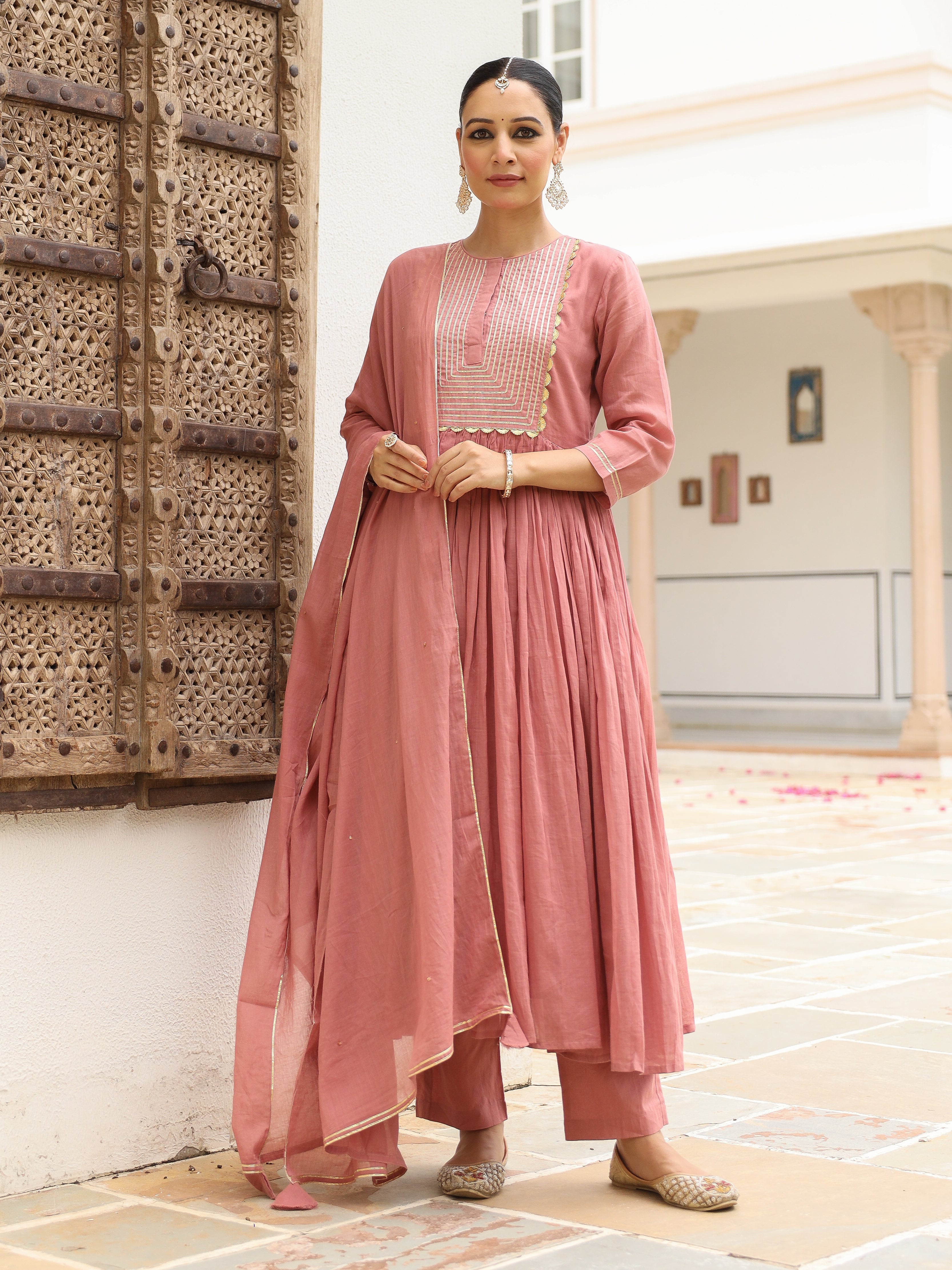 Dusty pink mulmul cotton anarkali kurta set with trousers and dupatta