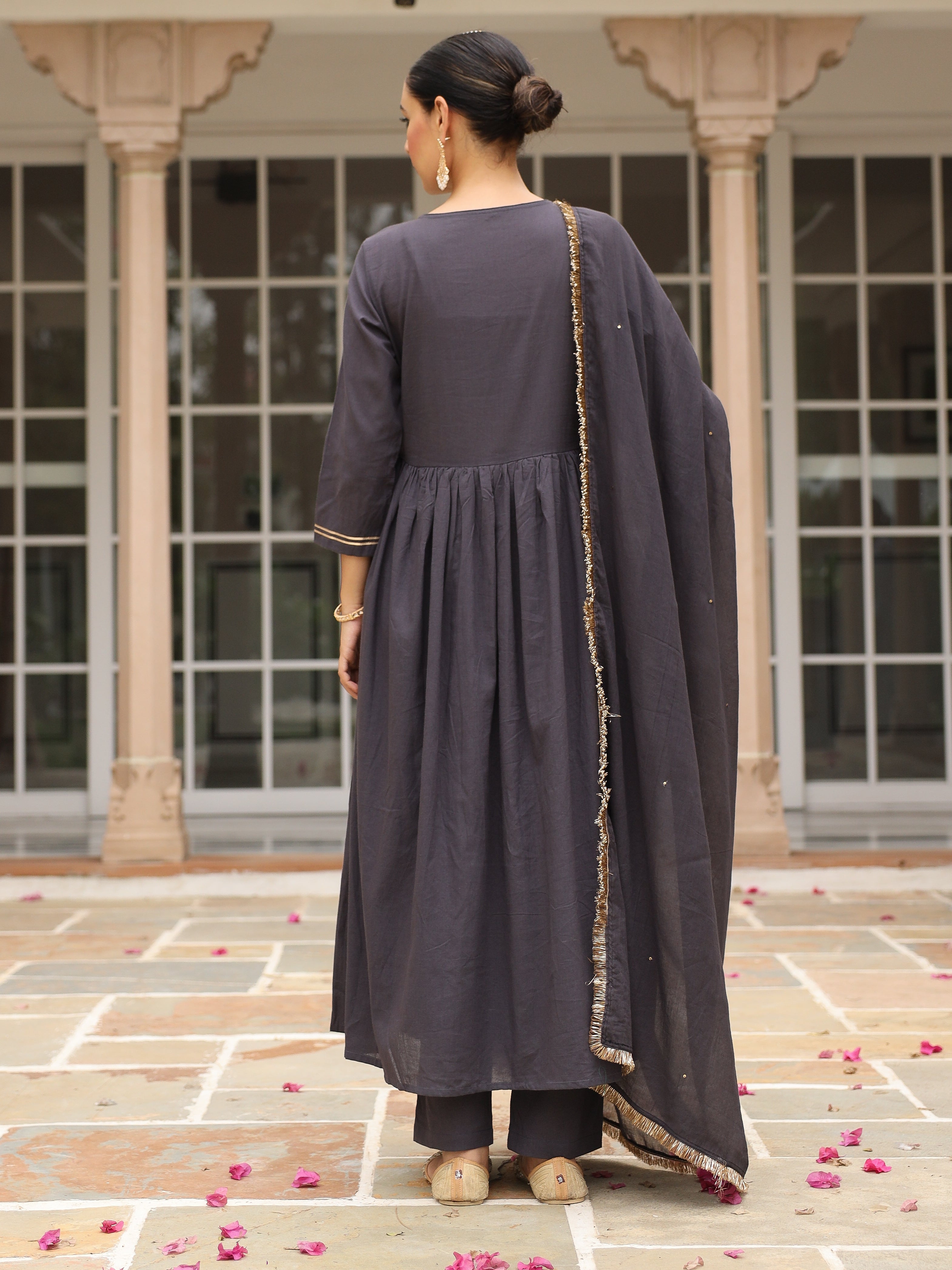 Black mulmul cotton anarkali kurta set with trousers and dupatta