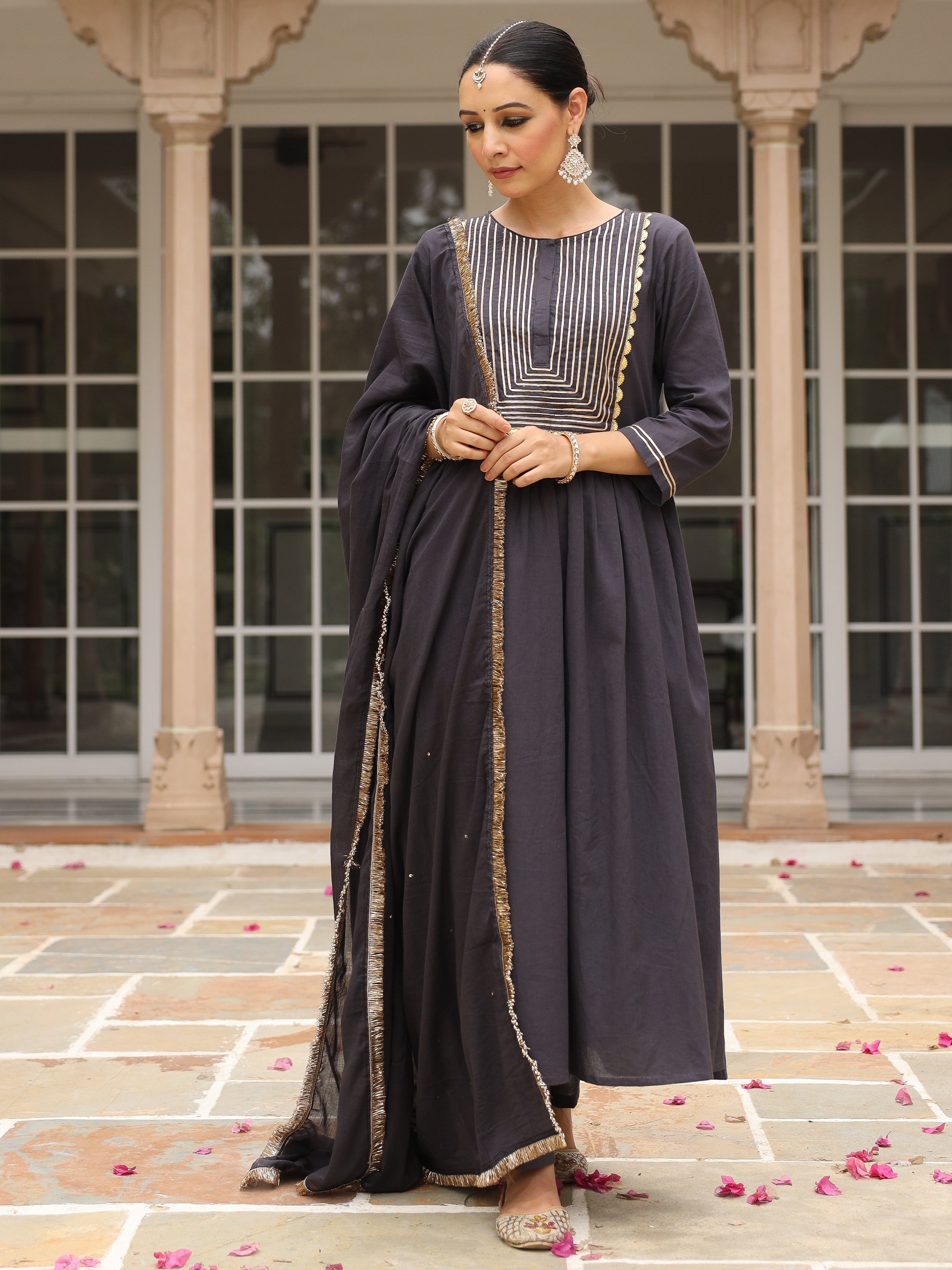 Black mulmul cotton anarkali kurta set with trousers and dupatta