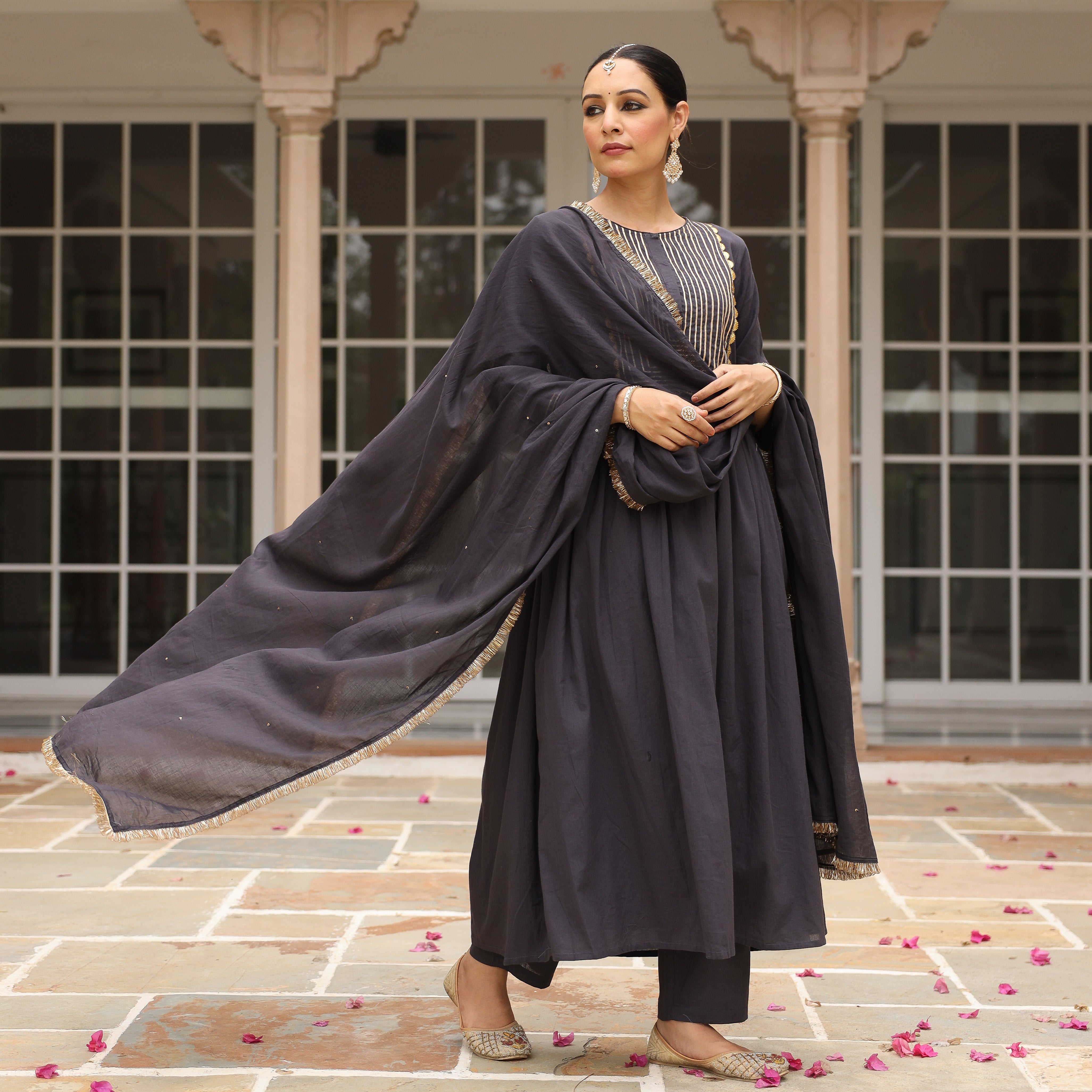 Black mulmul cotton anarkali kurta set with trousers and dupatta