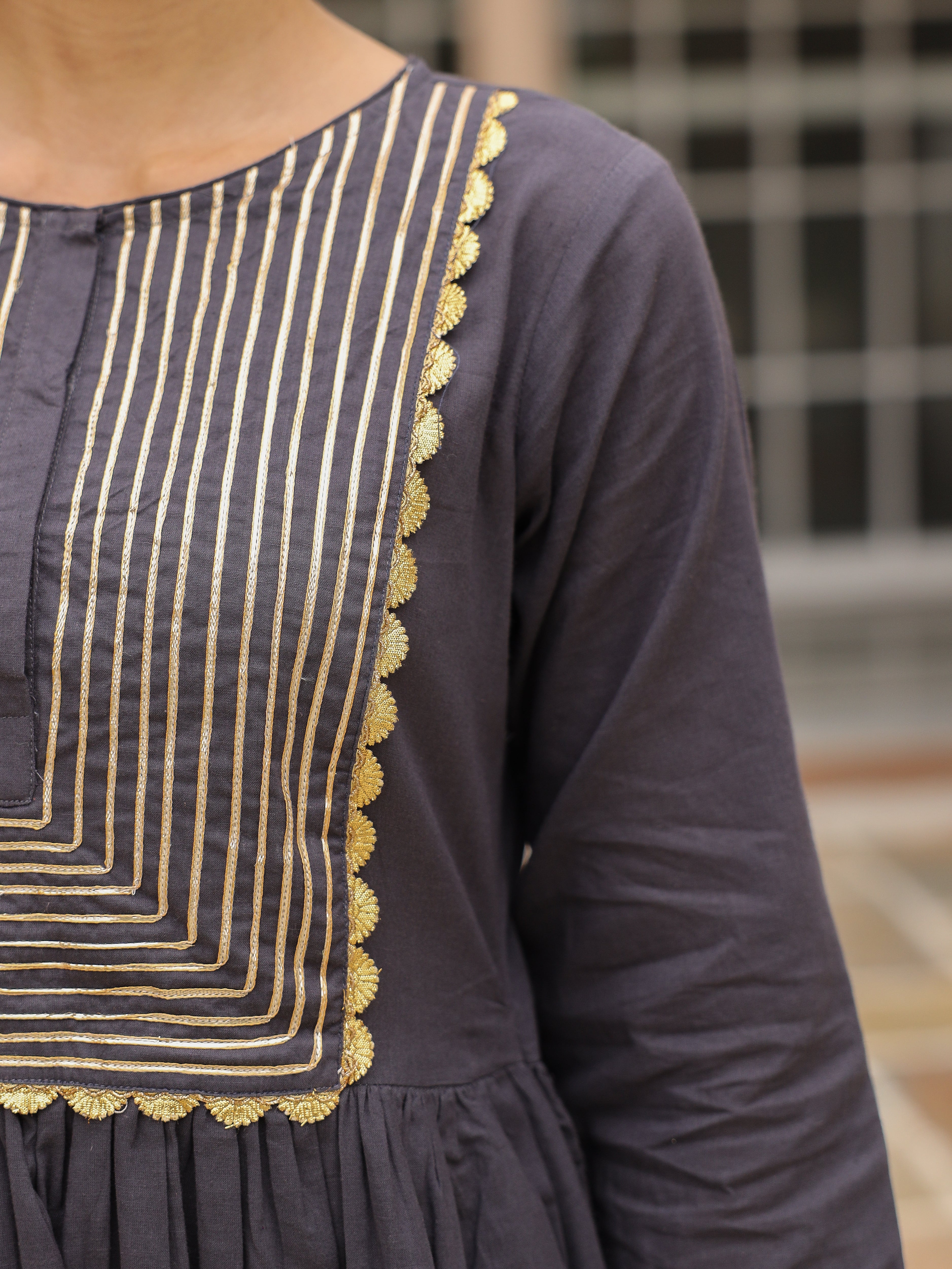 Black mulmul cotton anarkali kurta set with trousers and dupatta