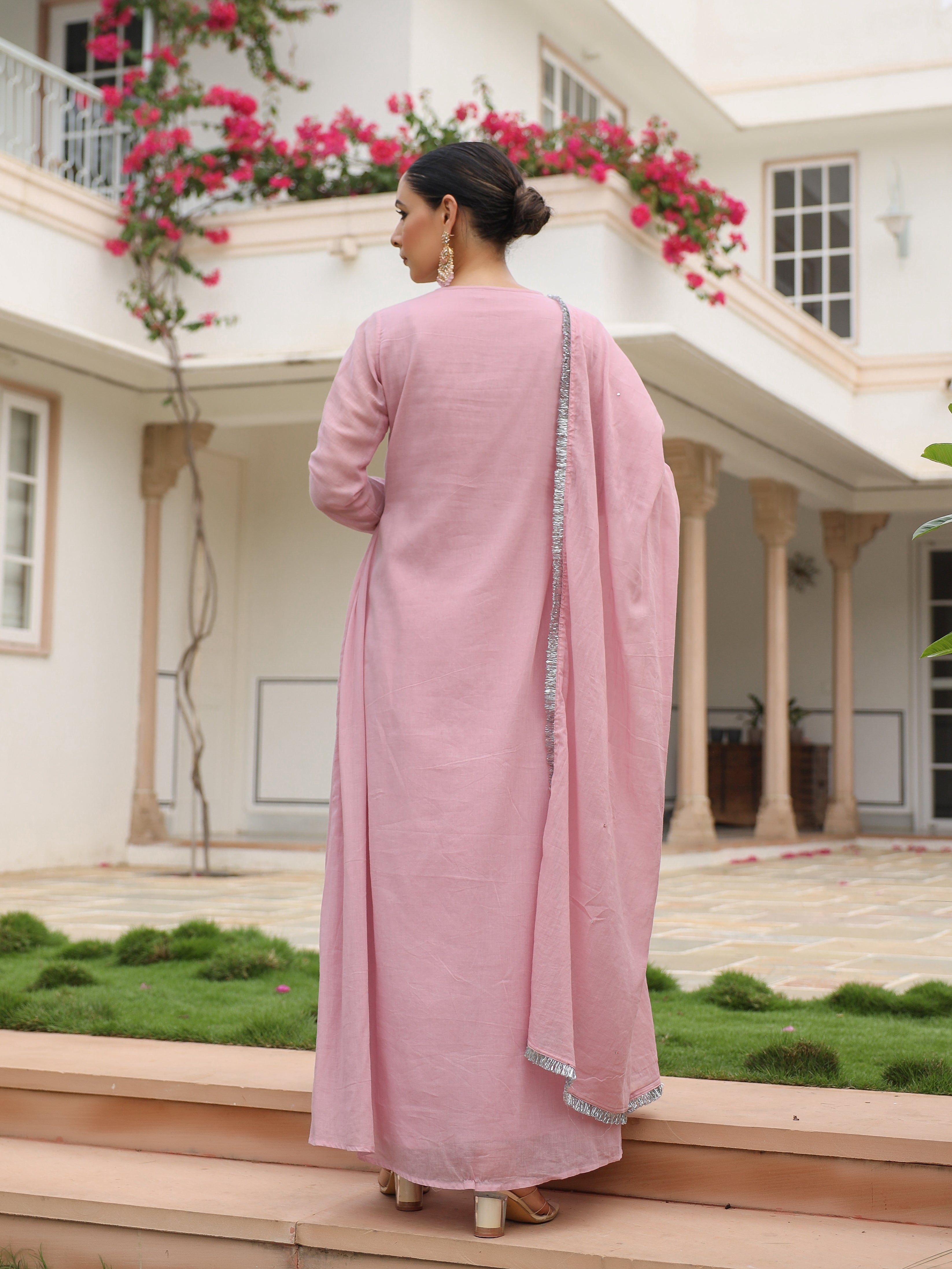 Baby pink mulmul cotton anarkali kurta set with trousers and dupatta