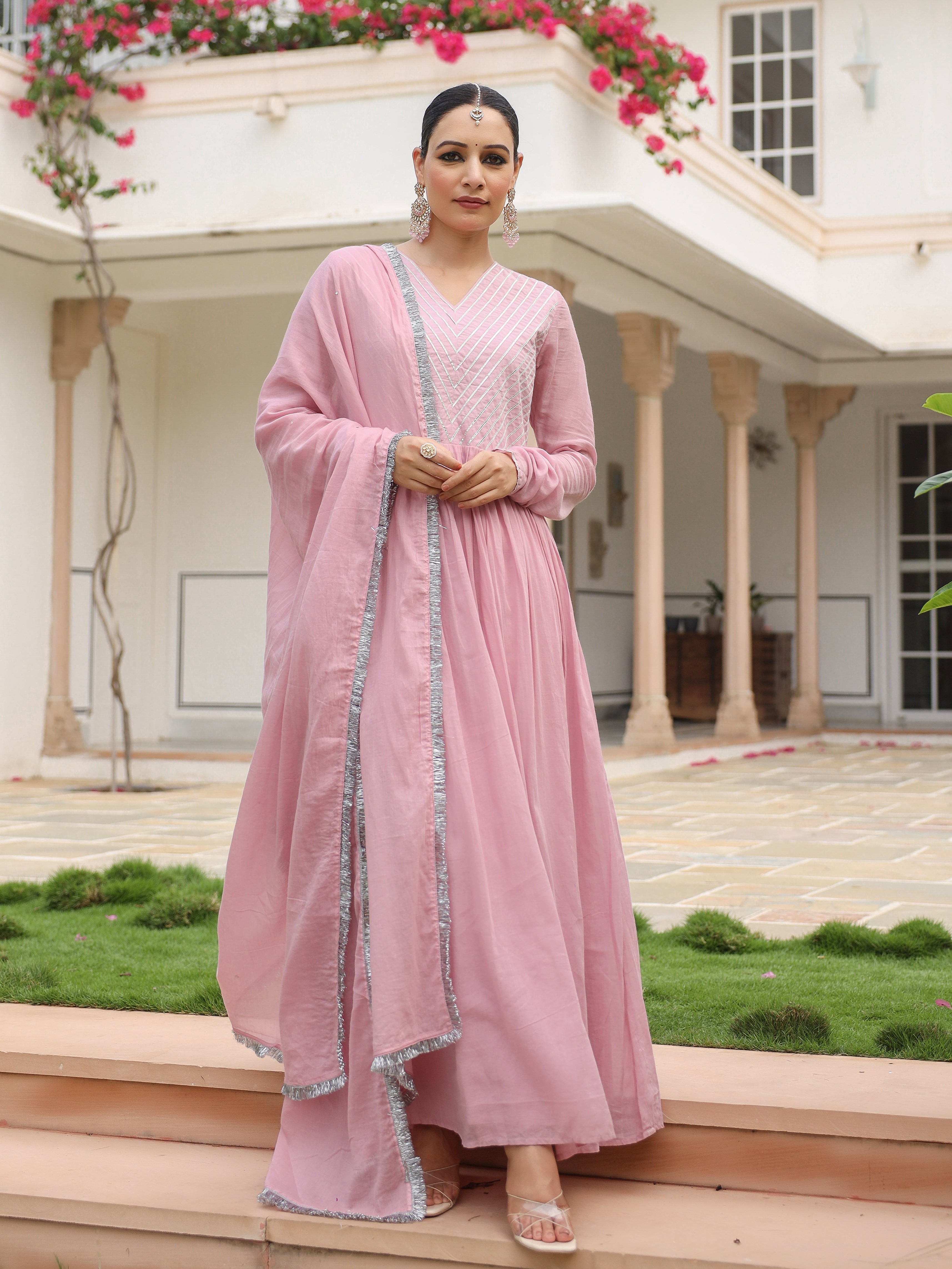 Baby pink mulmul cotton anarkali kurta set with trousers and dupatta