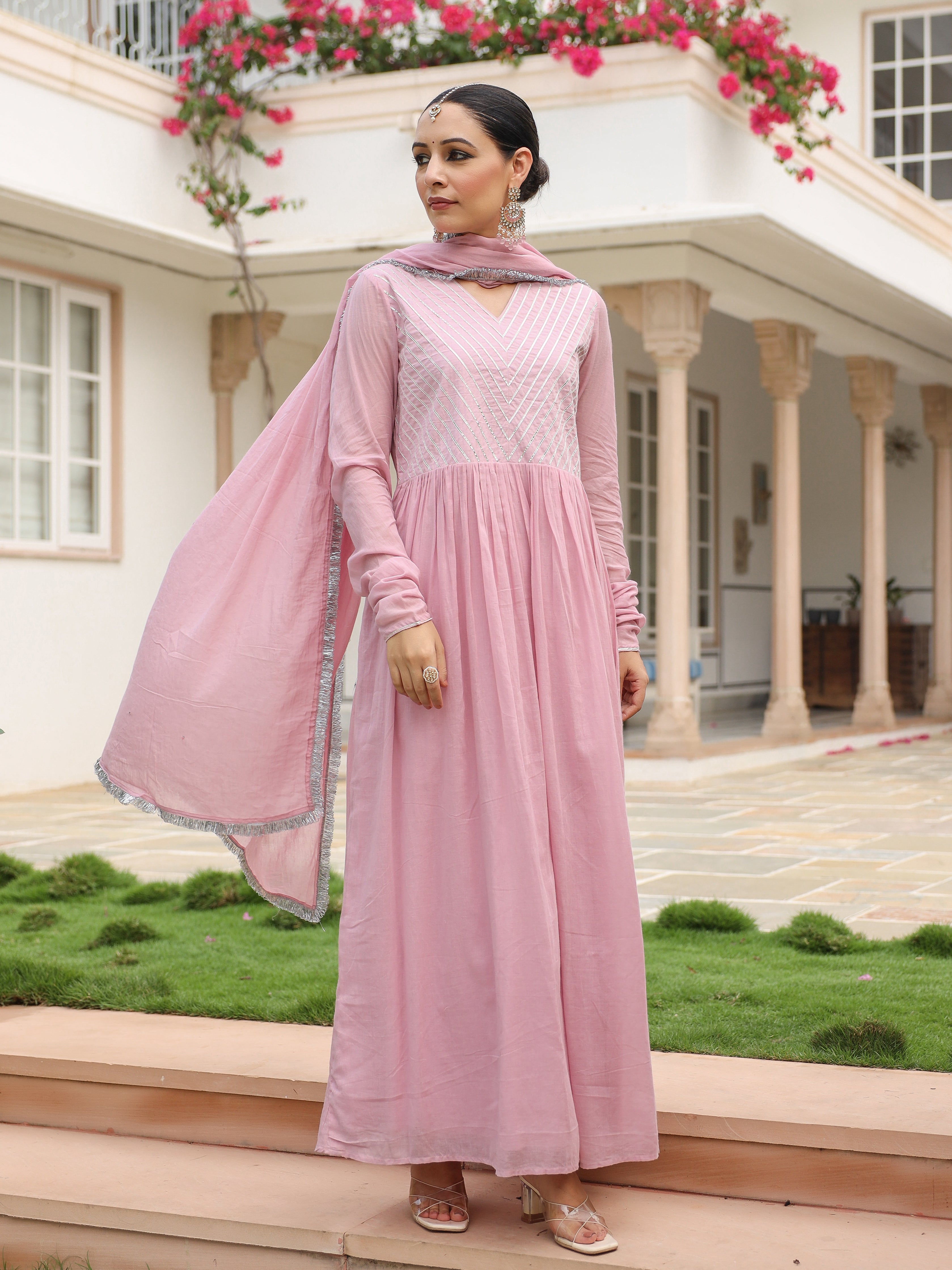 Baby pink mulmul cotton anarkali kurta set with trousers and dupatta
