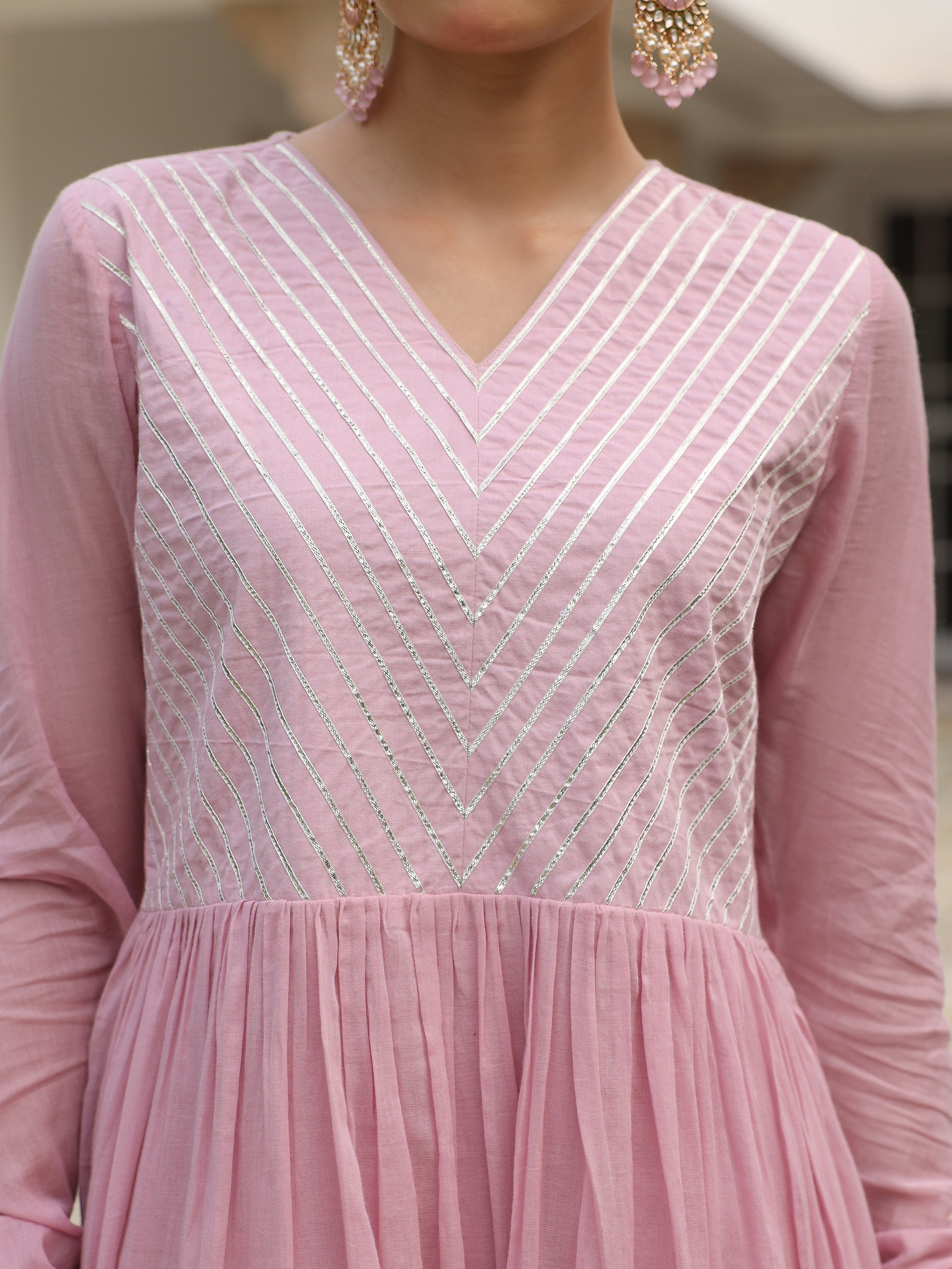 Baby pink mulmul cotton anarkali kurta set with trousers and dupatta