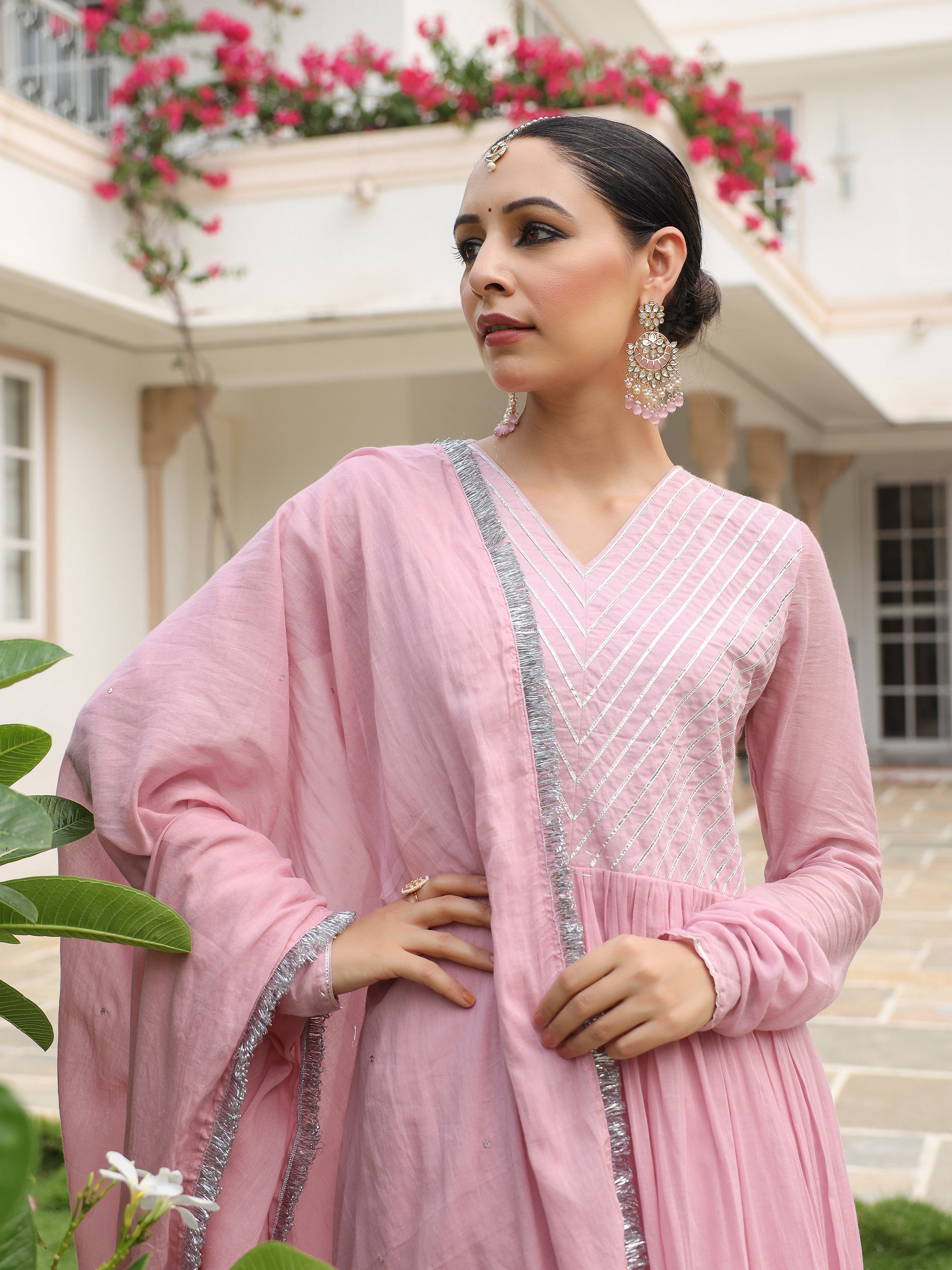 Baby pink mulmul cotton anarkali kurta set with trousers and dupatta