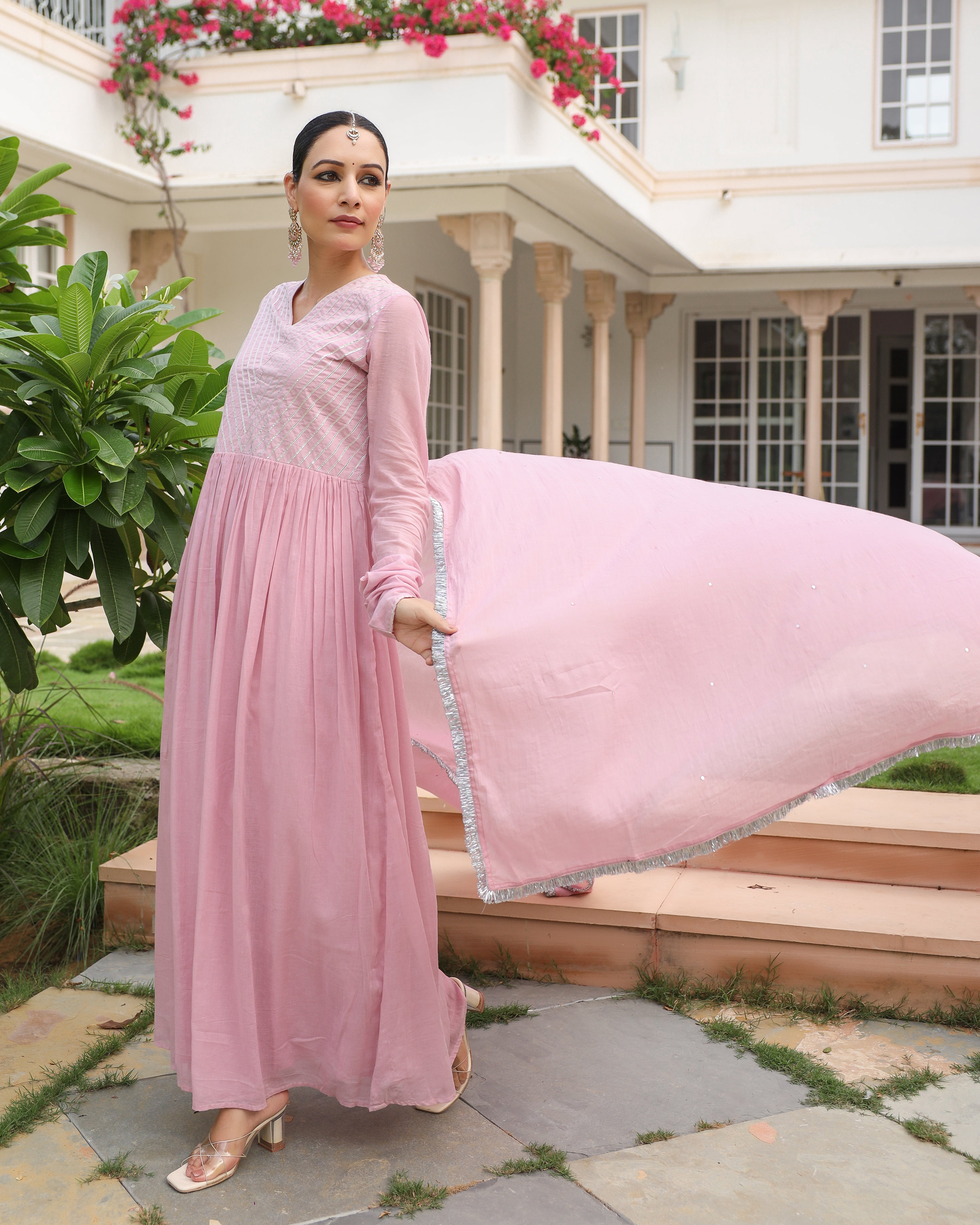 Baby pink mulmul cotton anarkali kurta set with trousers and dupatta
