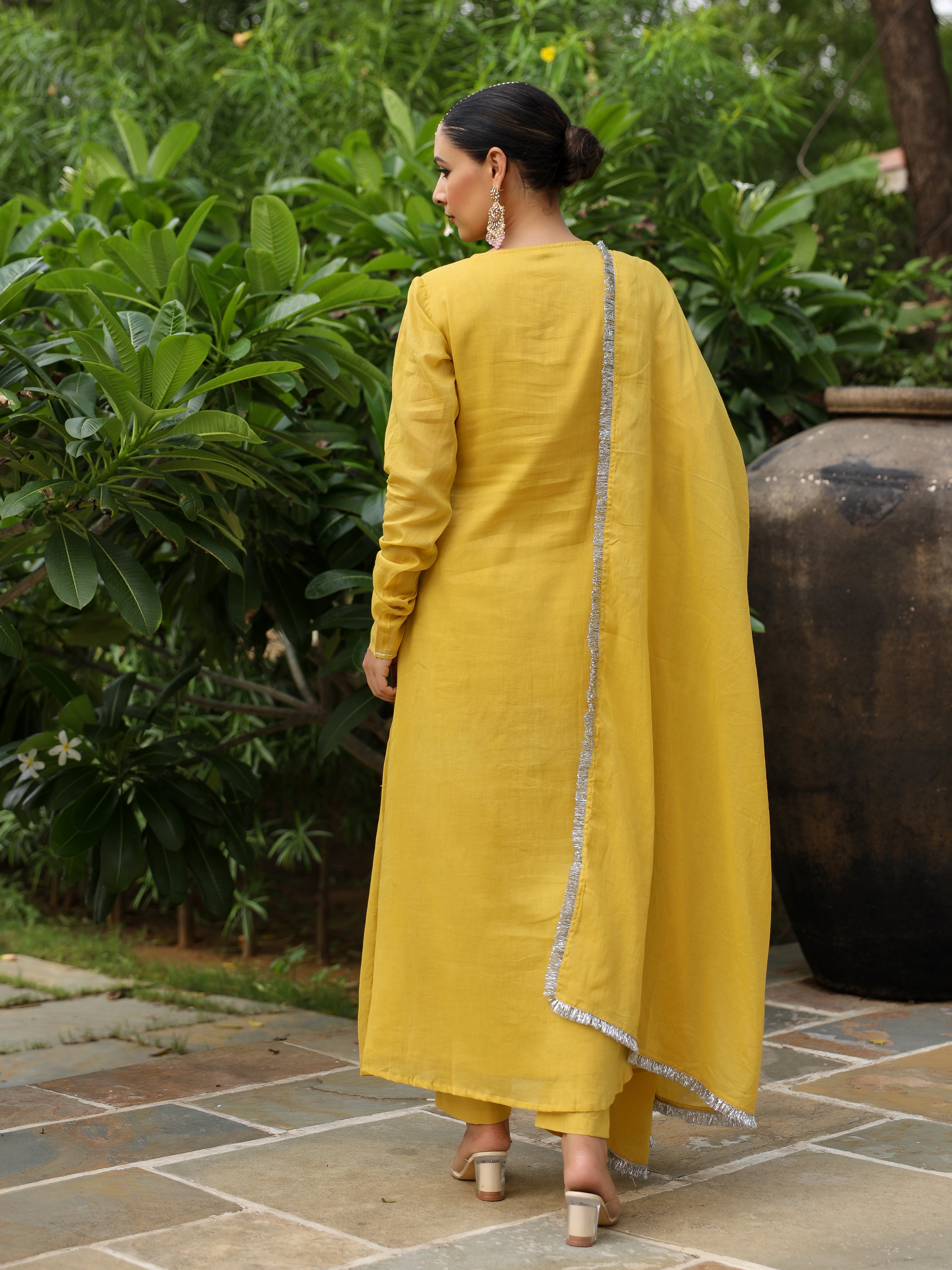 Mustard mulmul cotton anarkali kurta set with trousers and dupatta