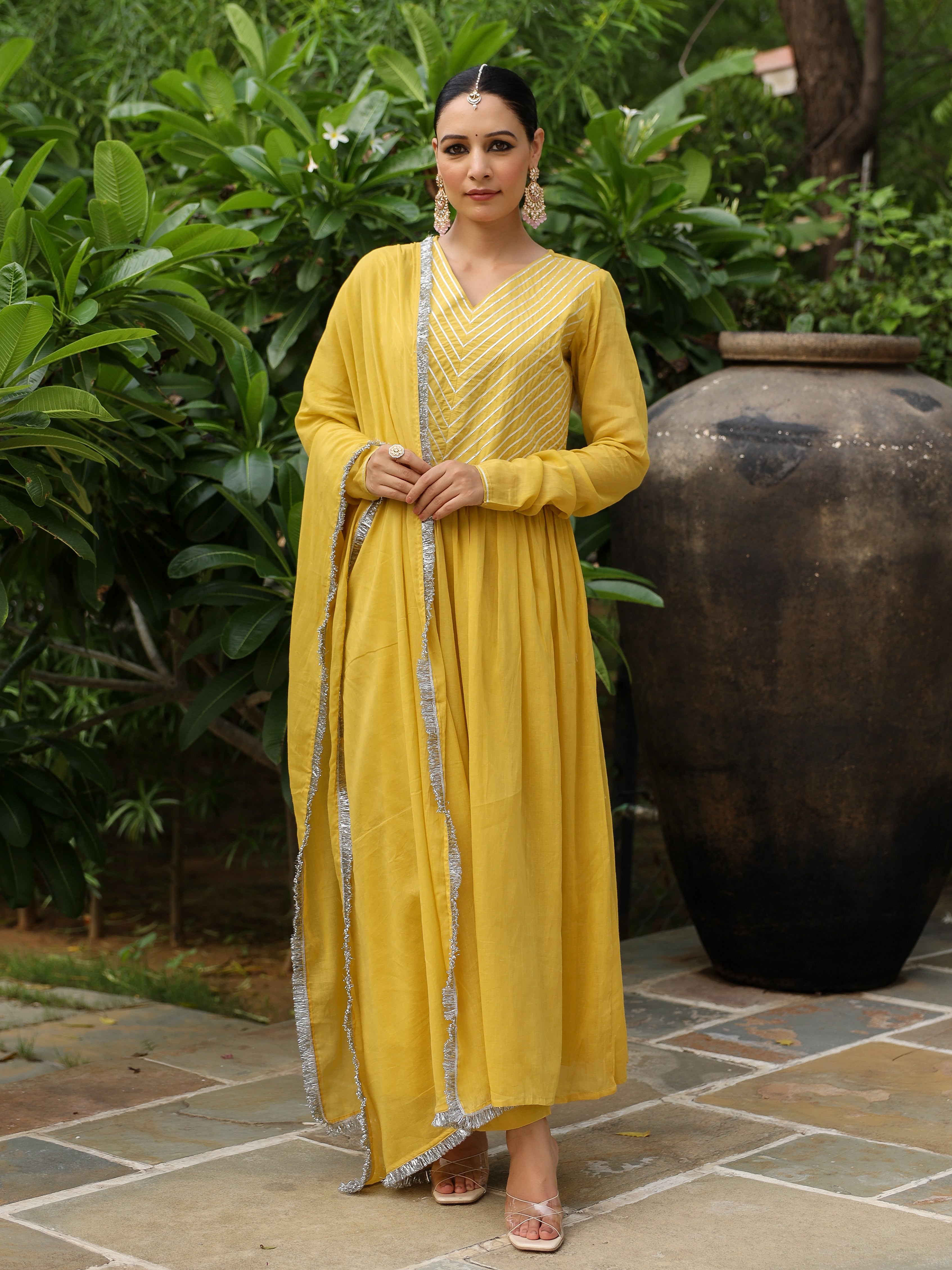 Mustard mulmul cotton anarkali kurta set with trousers and dupatta