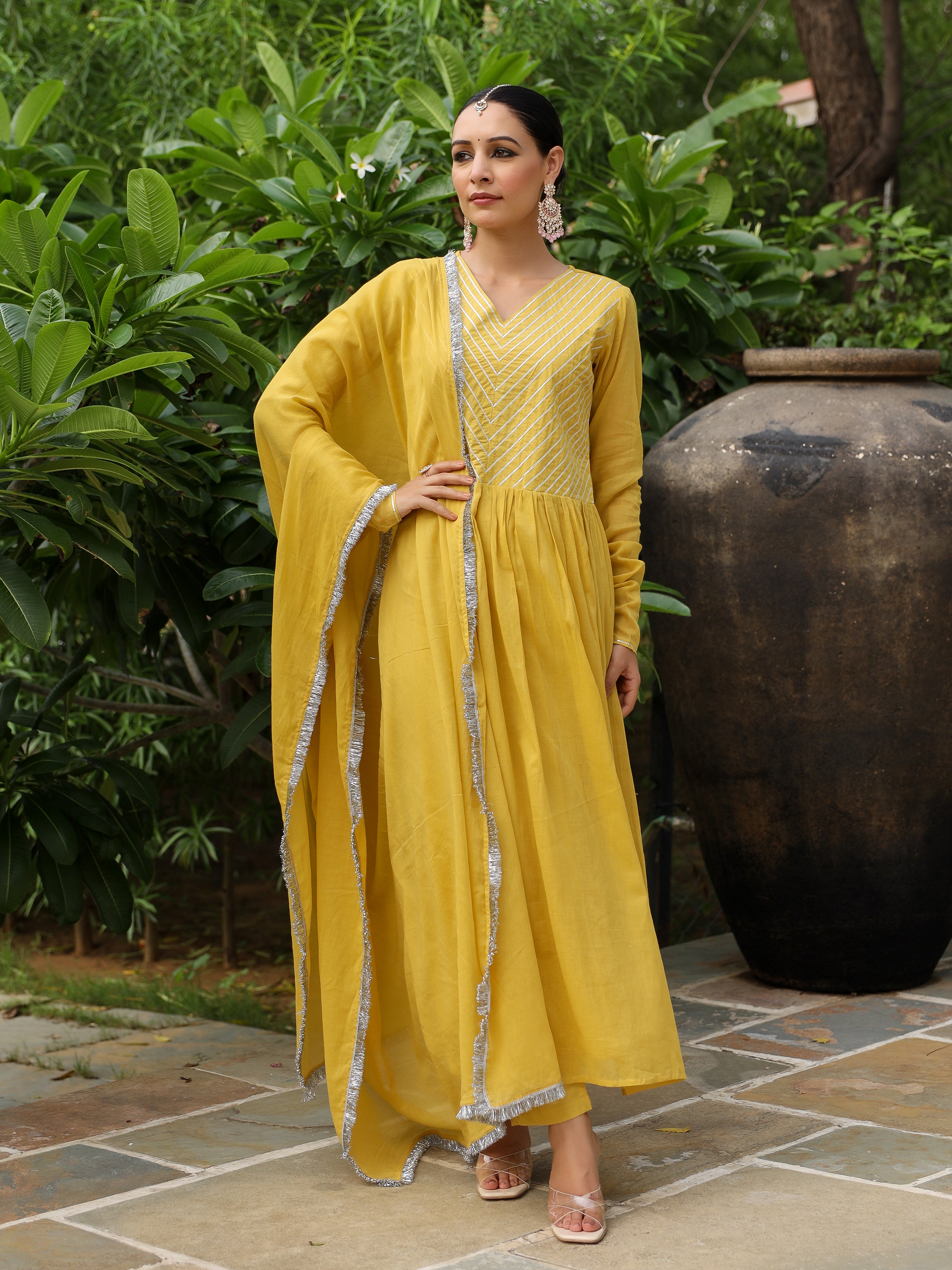 Mustard mulmul cotton anarkali kurta set with trousers and dupatta