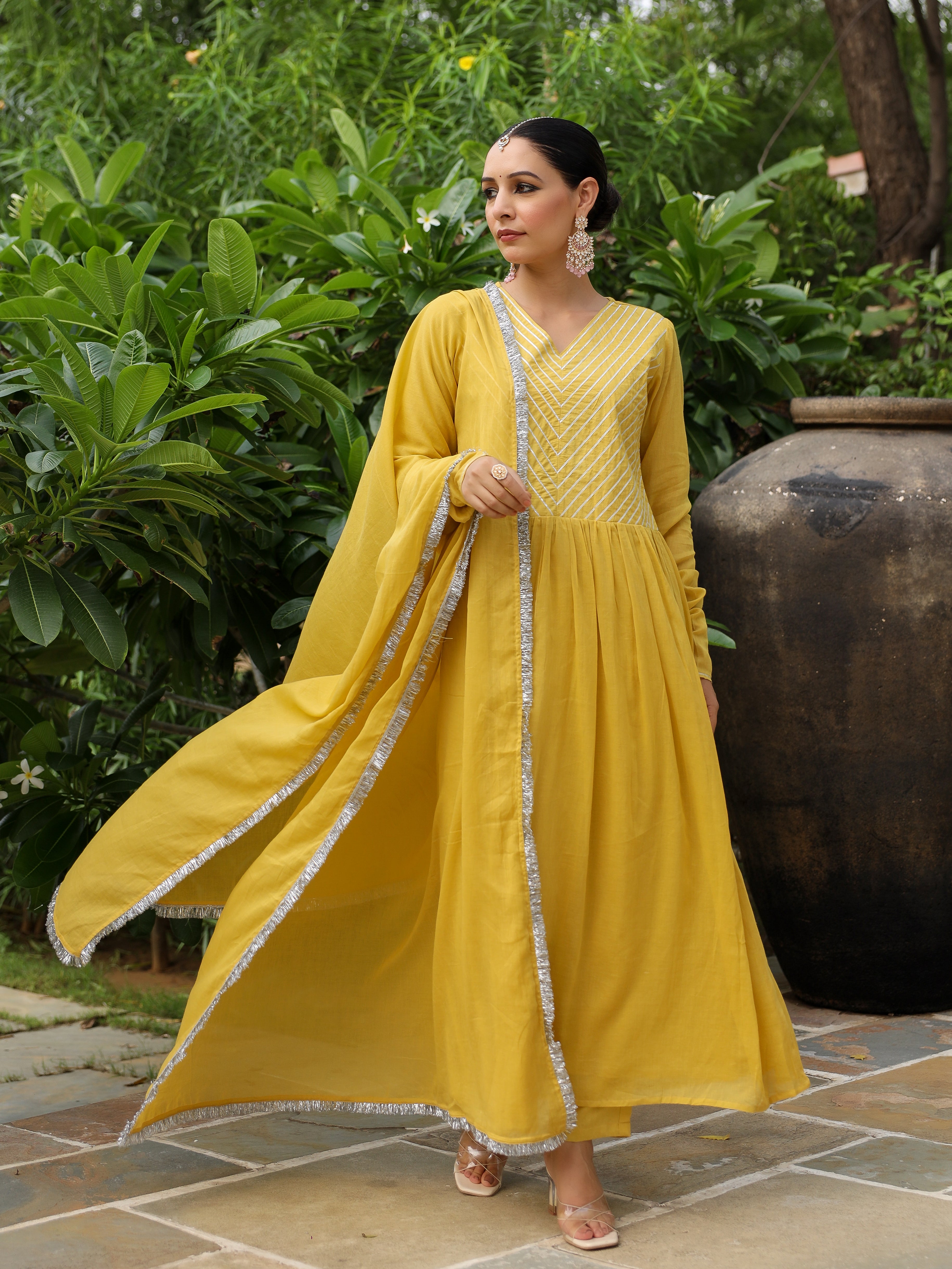Mustard mulmul cotton anarkali kurta set with trousers and dupatta