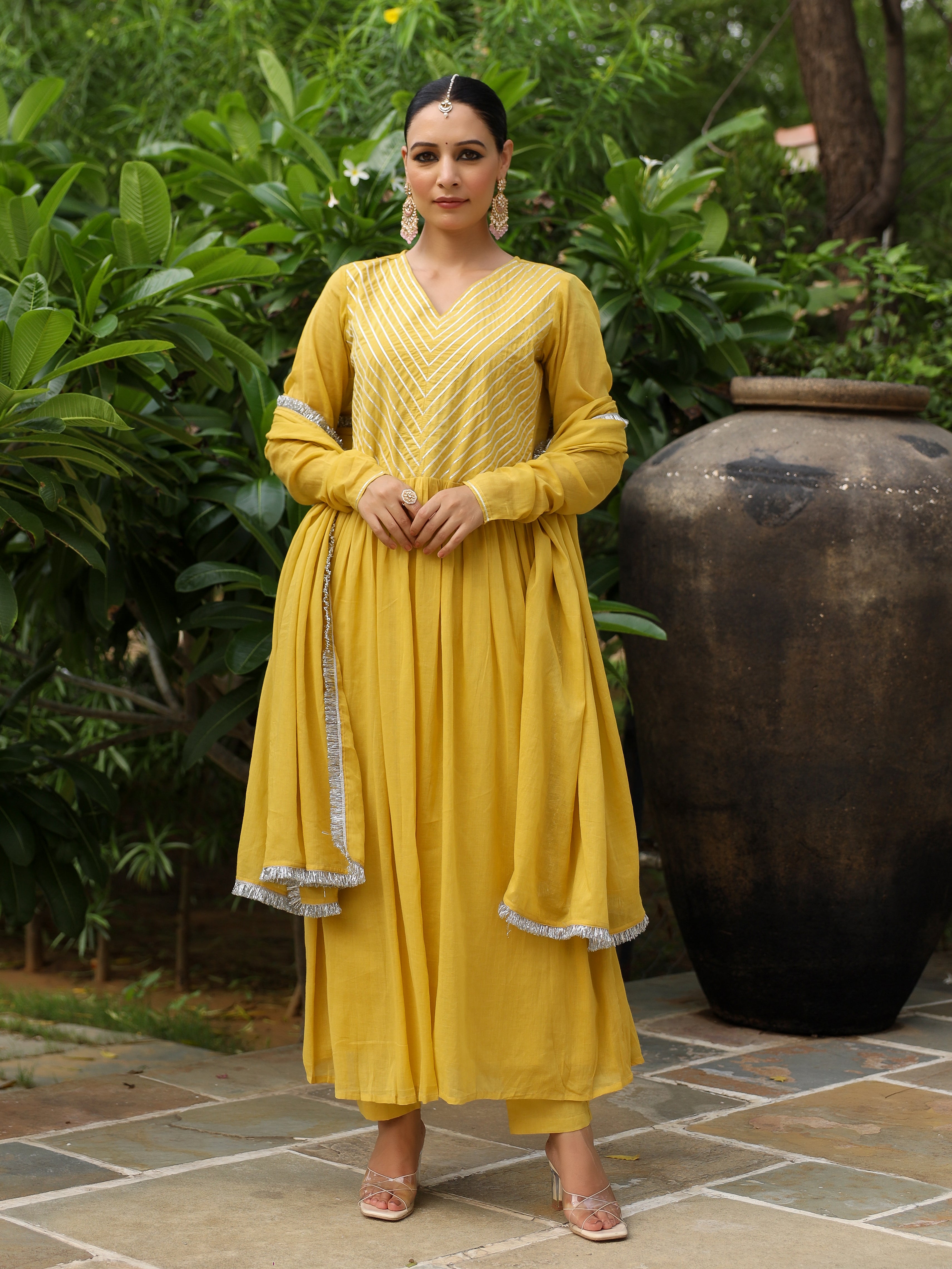 Mustard mulmul cotton anarkali kurta set with trousers and dupatta