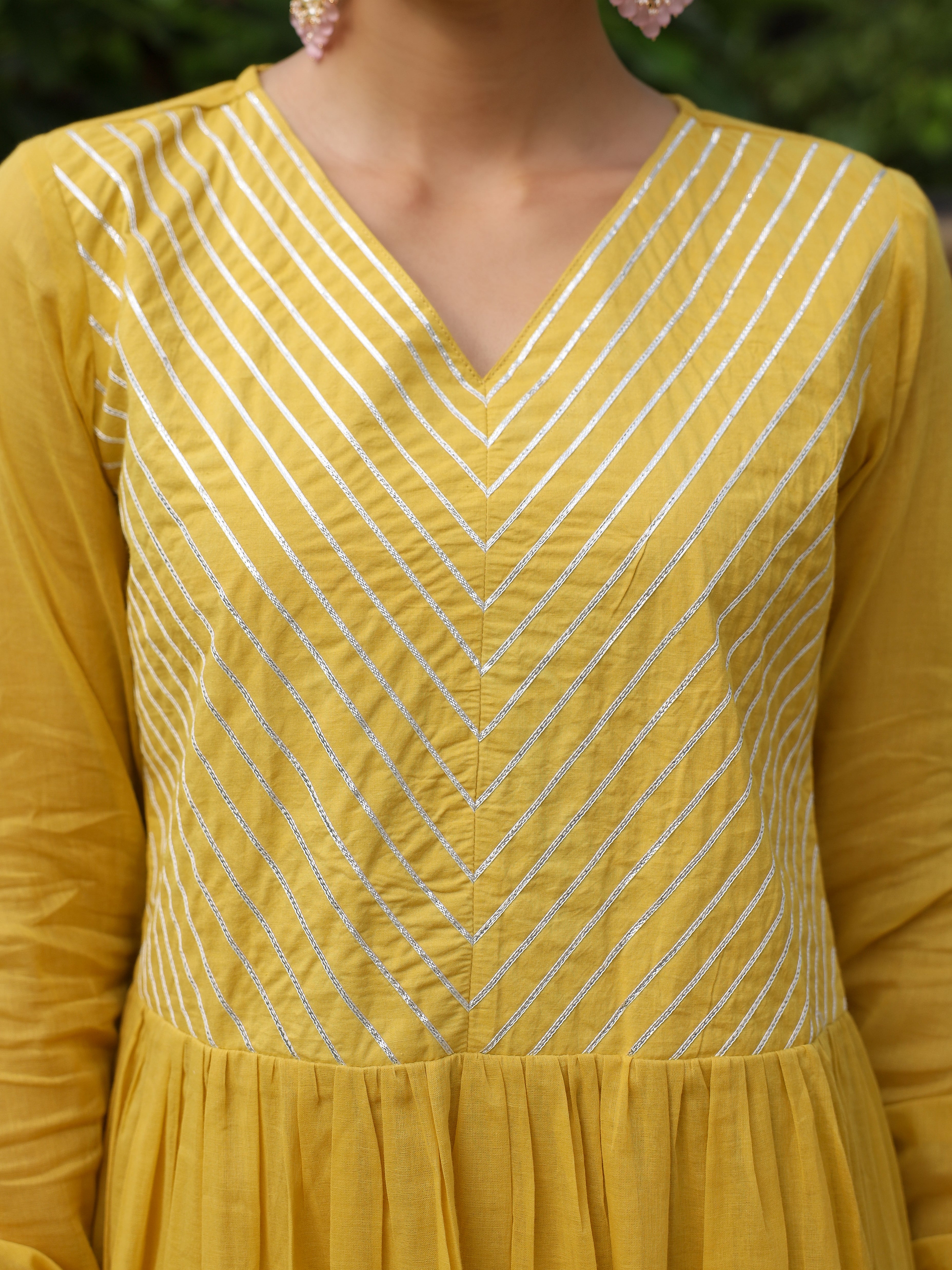 Mustard mulmul cotton anarkali kurta set with trousers and dupatta