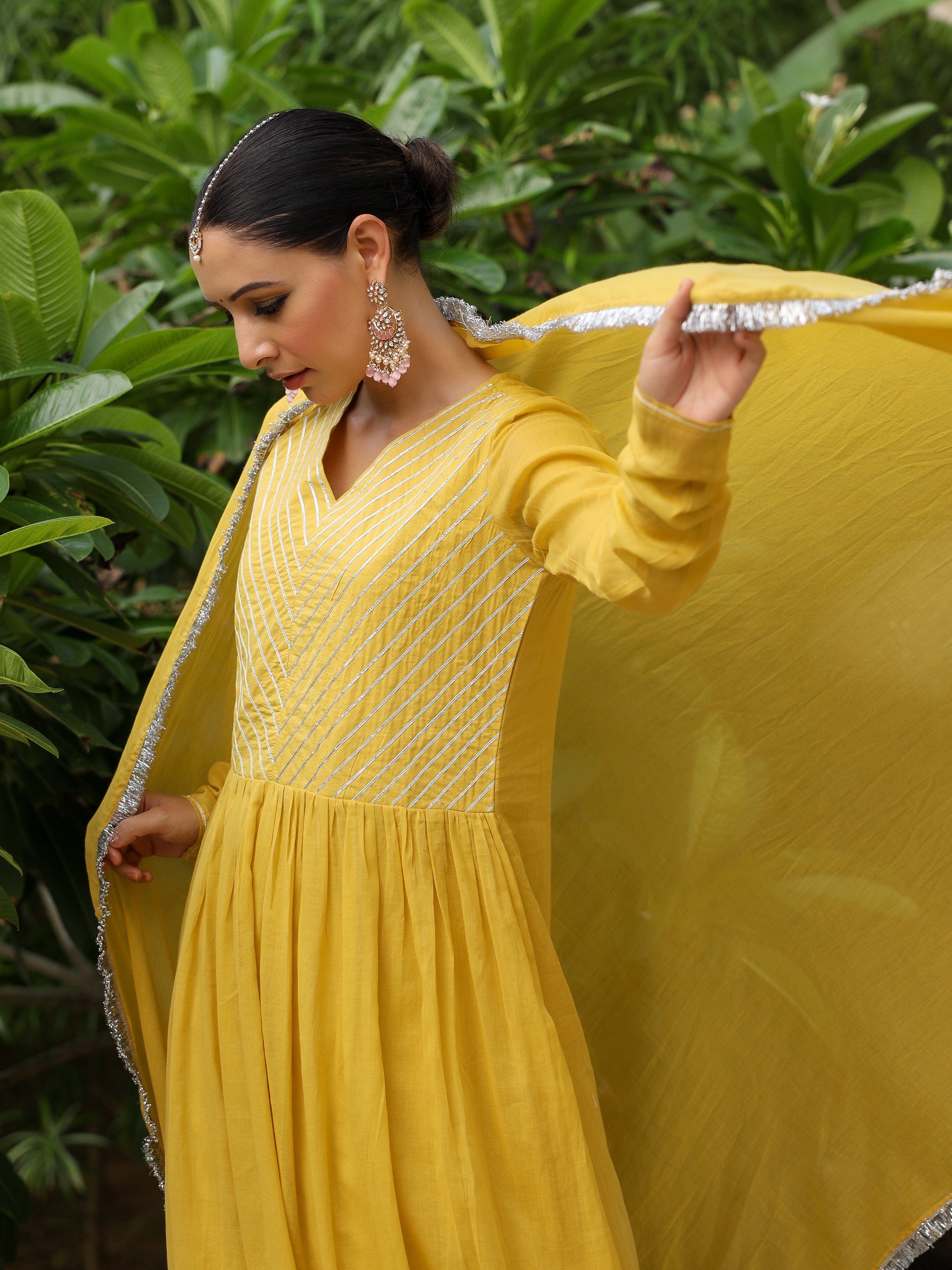 Mustard mulmul cotton anarkali kurta set with trousers and dupatta
