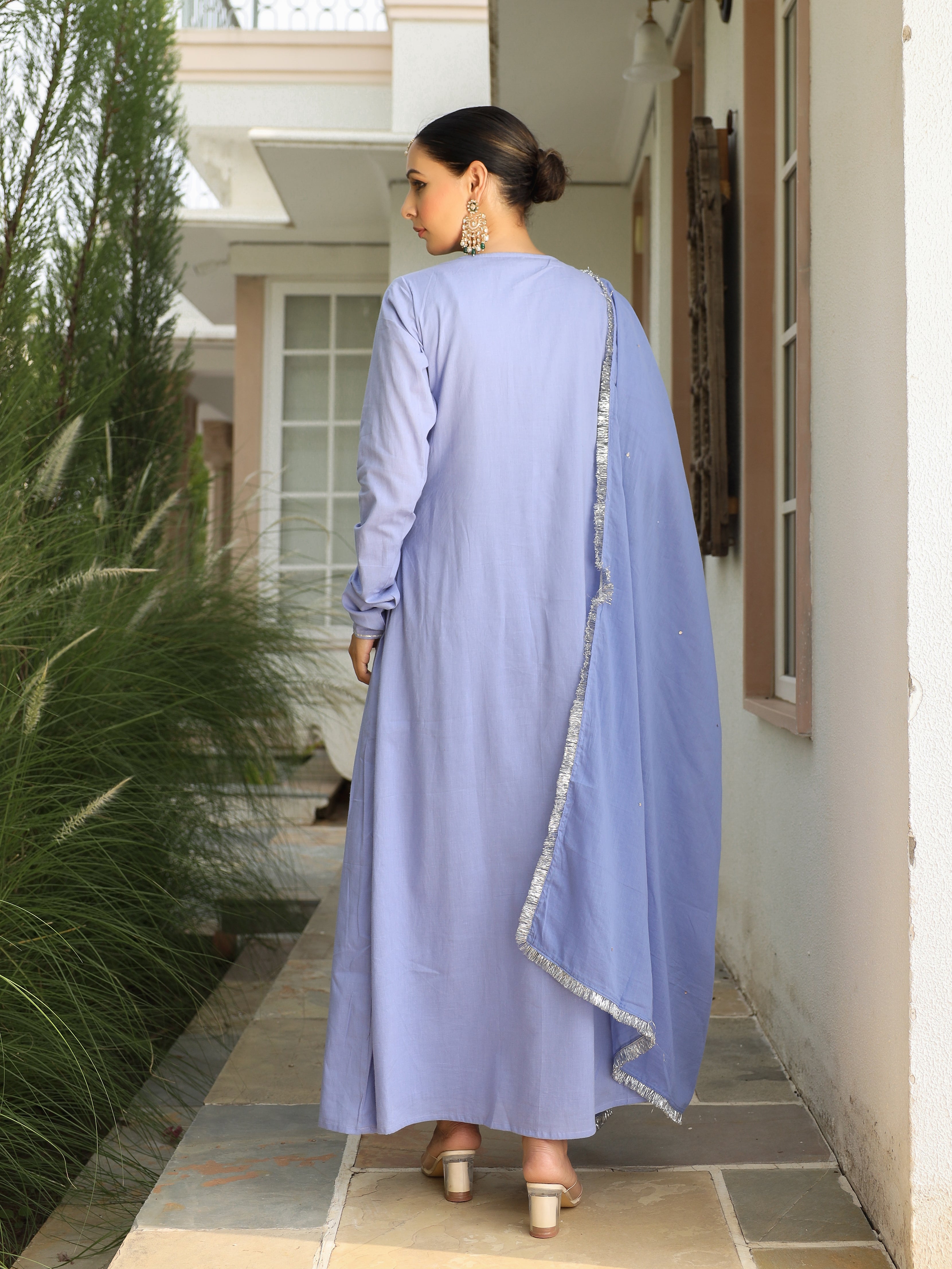 Lavender blue mulmul cotton anarkali kurta set with trousers and dupatta