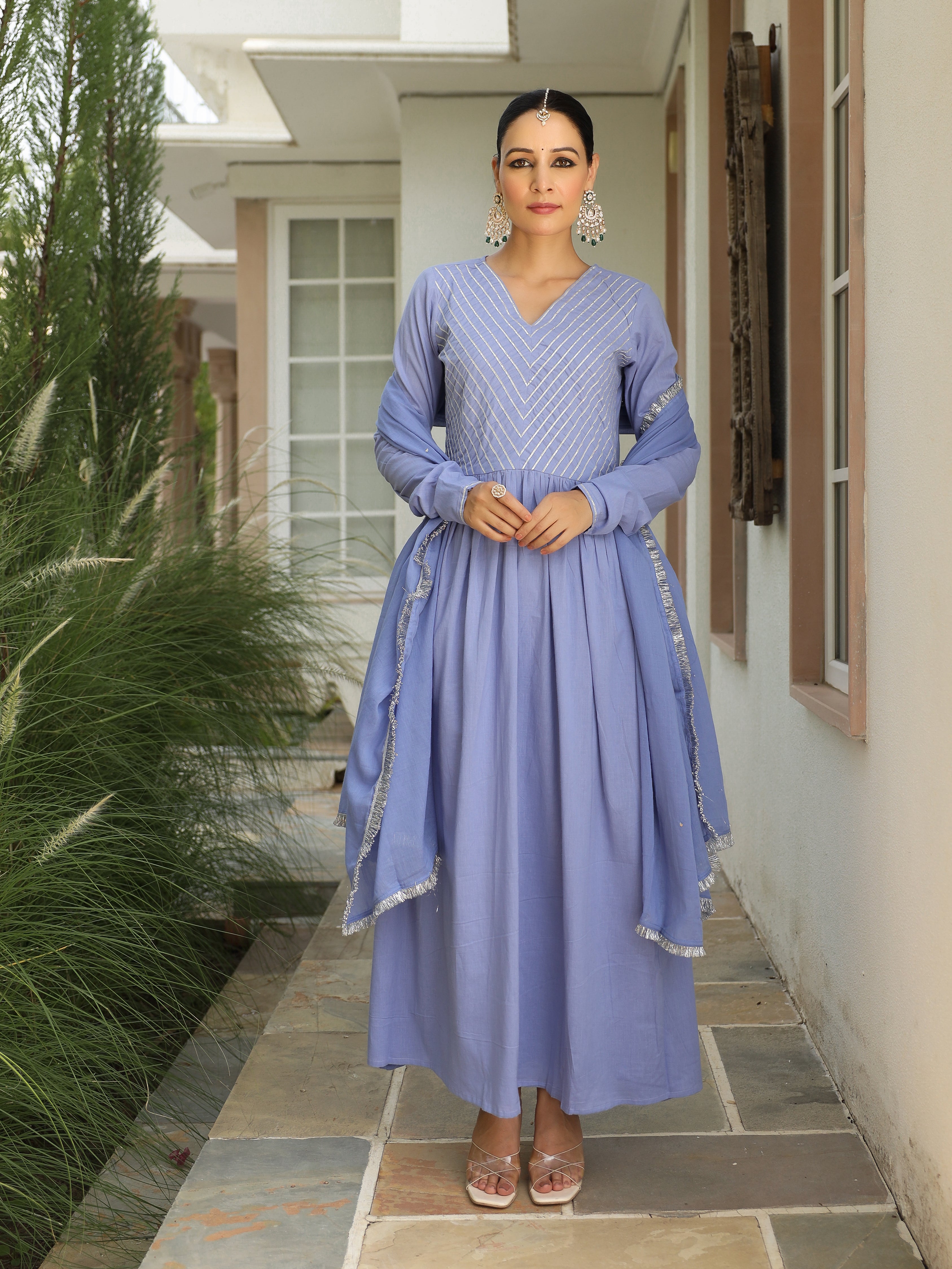 Lavender blue mulmul cotton anarkali kurta set with trousers and dupatta