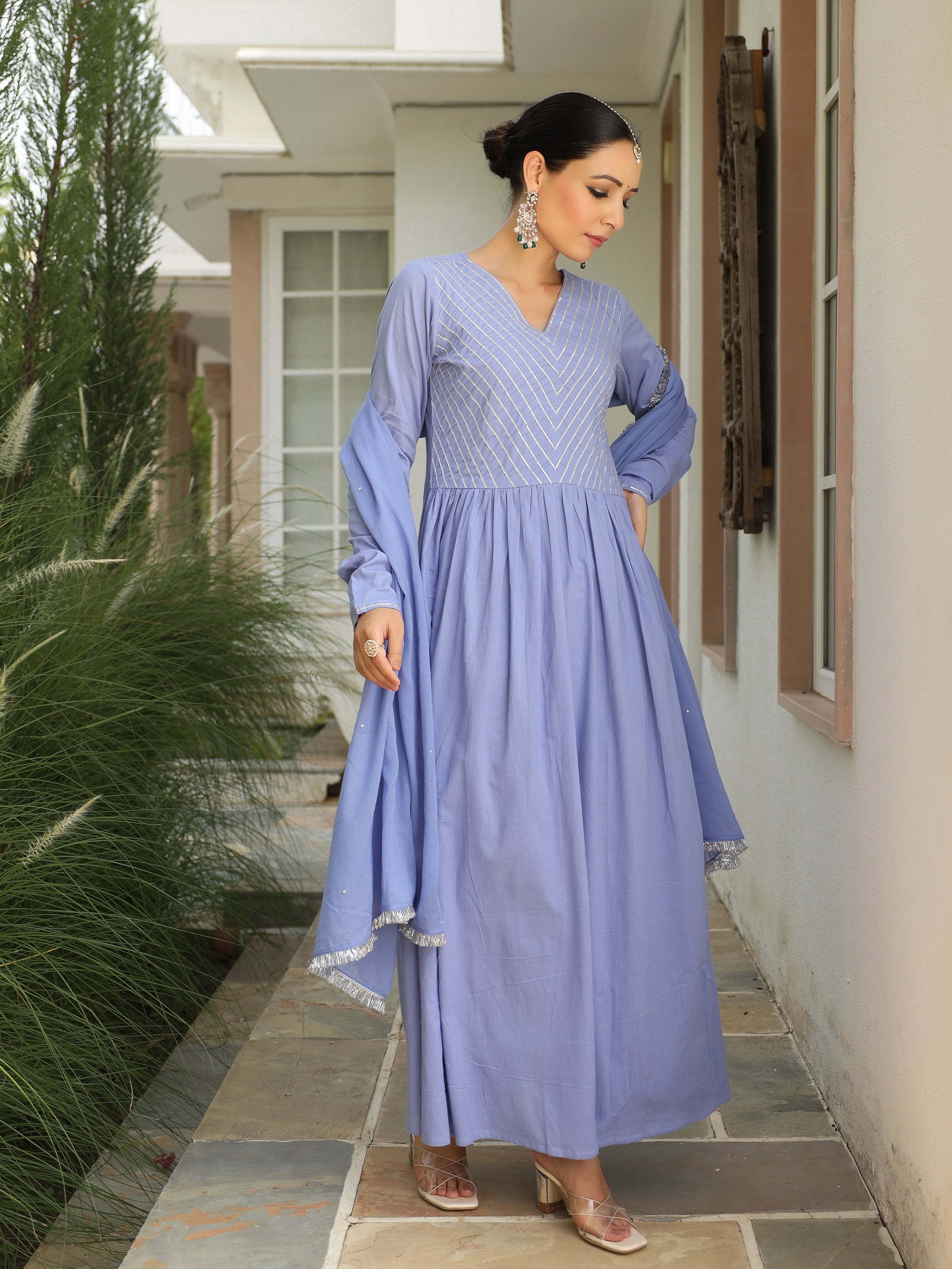 Lavender blue mulmul cotton anarkali kurta set with trousers and dupatta