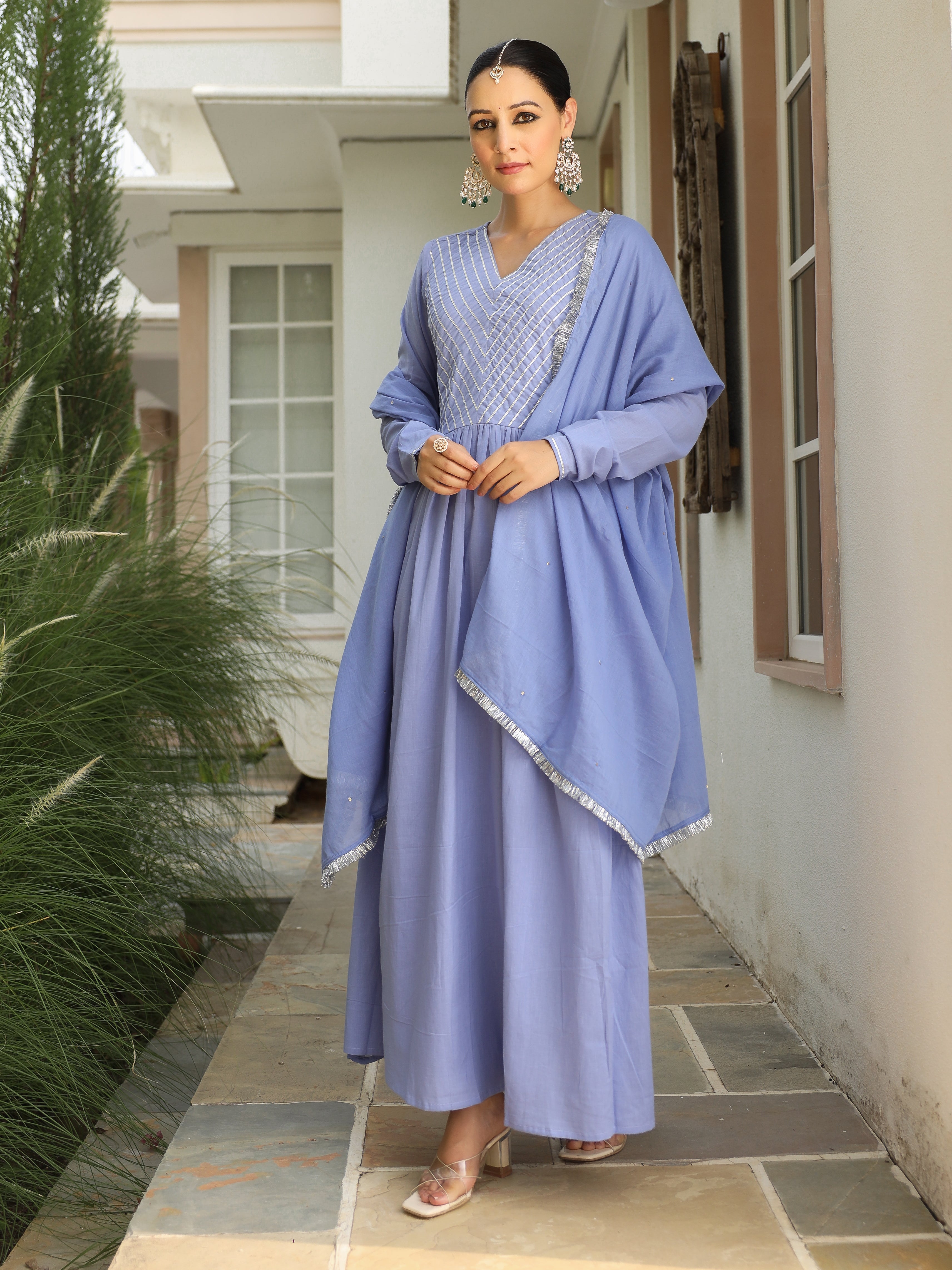 Lavender blue mulmul cotton anarkali kurta set with trousers and dupatta