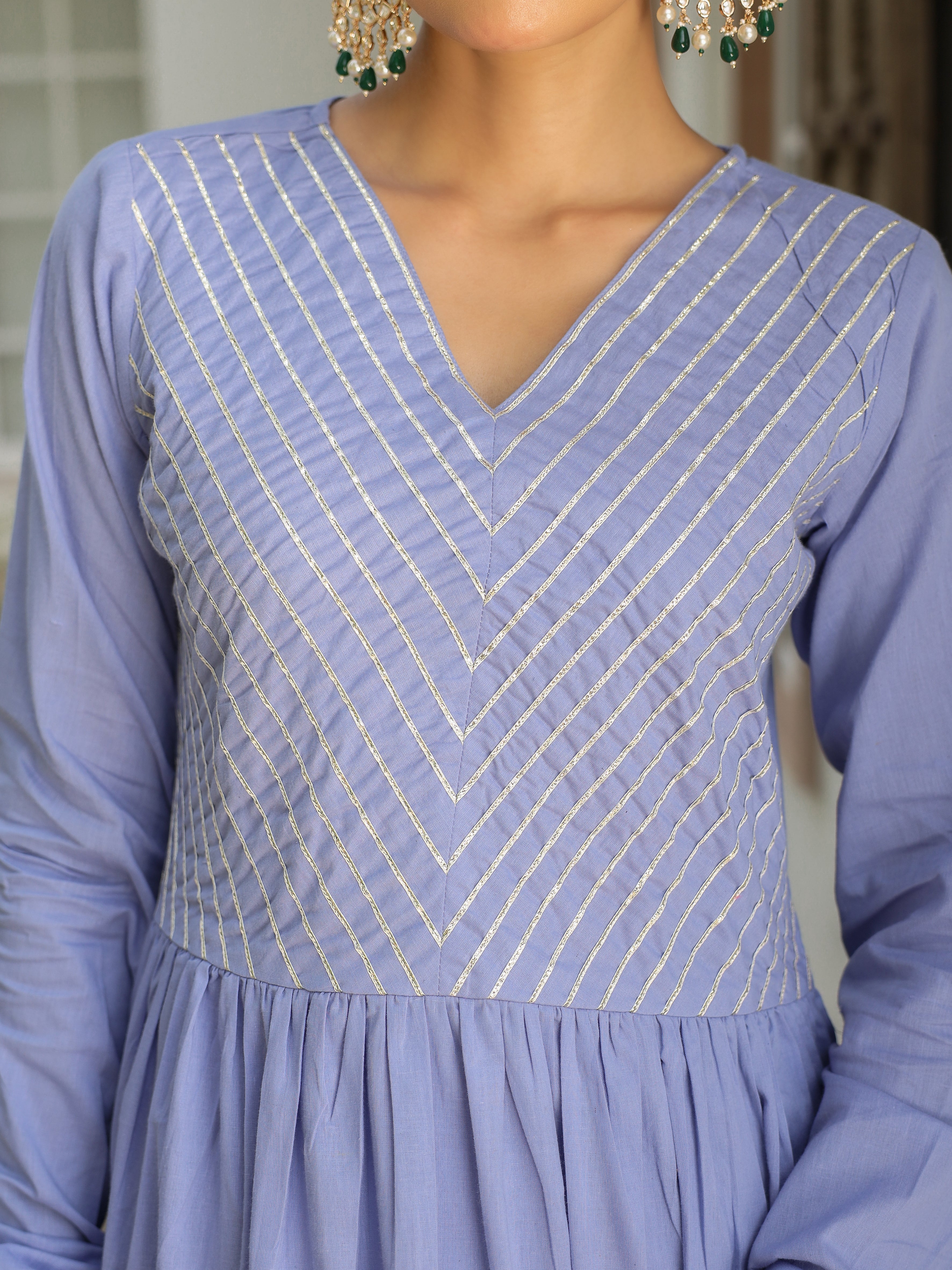 Lavender blue mulmul cotton anarkali kurta set with trousers and dupatta