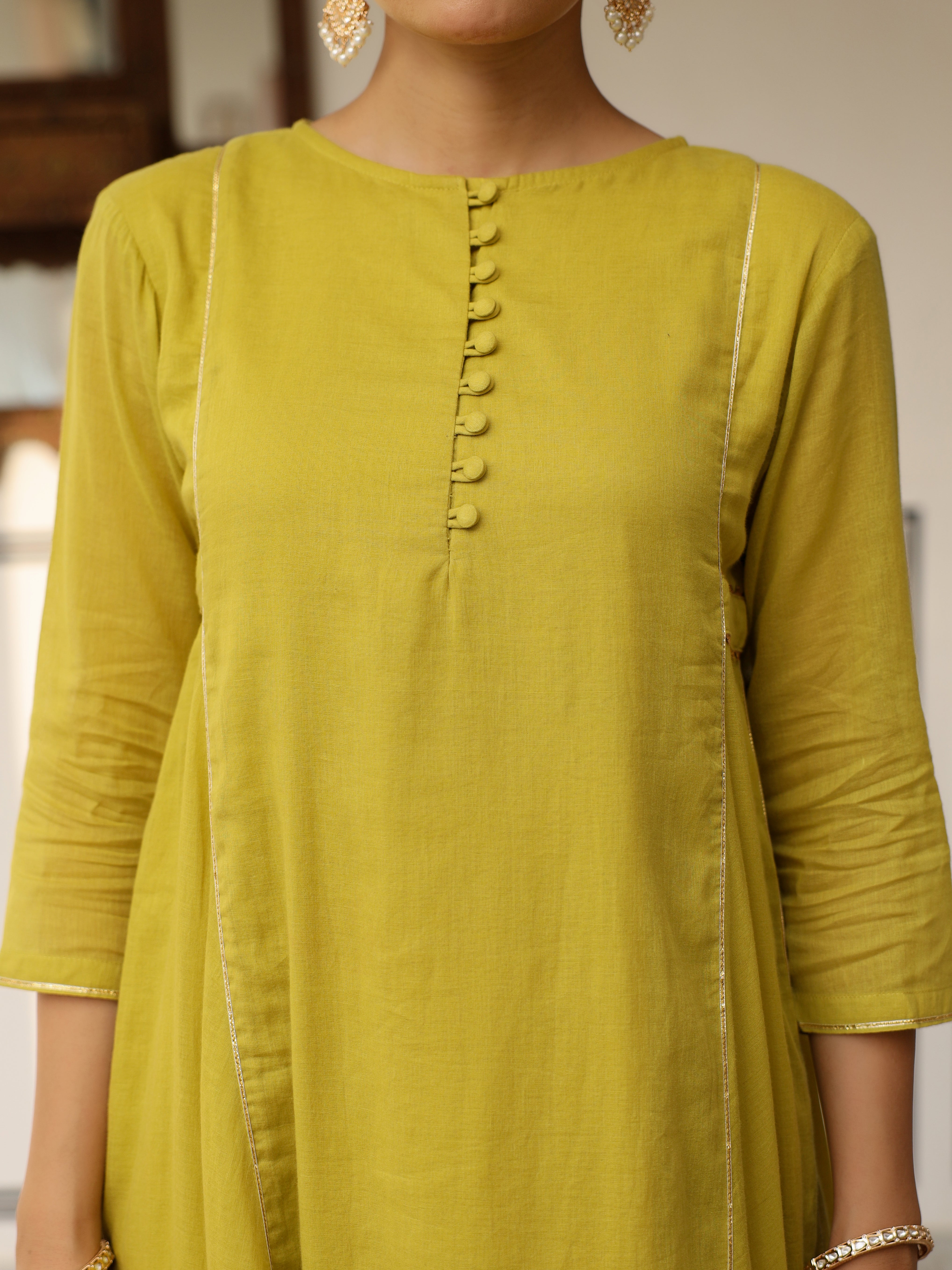 Greenish yellow mulmul cotton anarkali kurta set with trousers and dupatta
