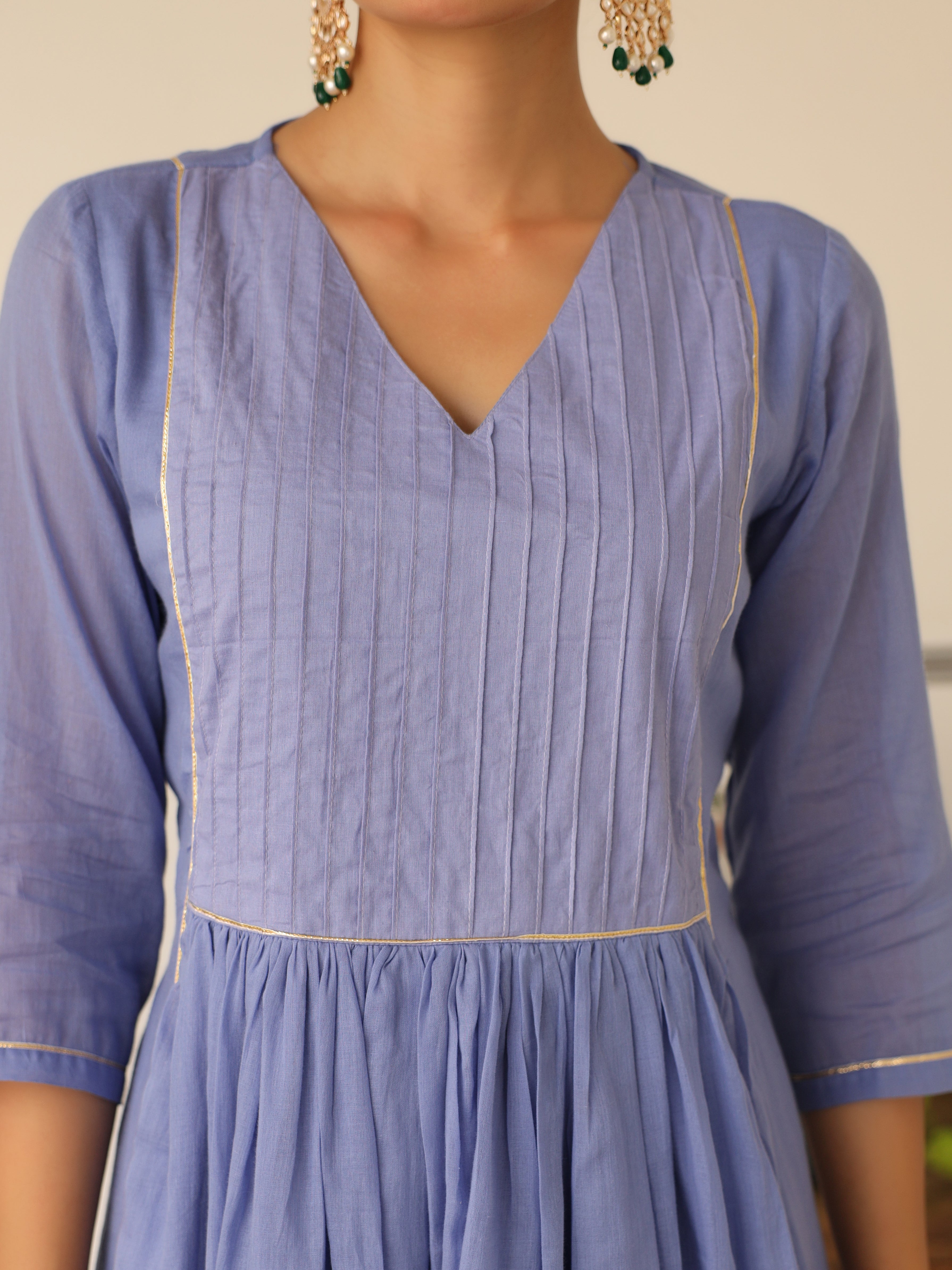 Lavender blue pintucks mulmul cotton kurta set with trousers and dupatta