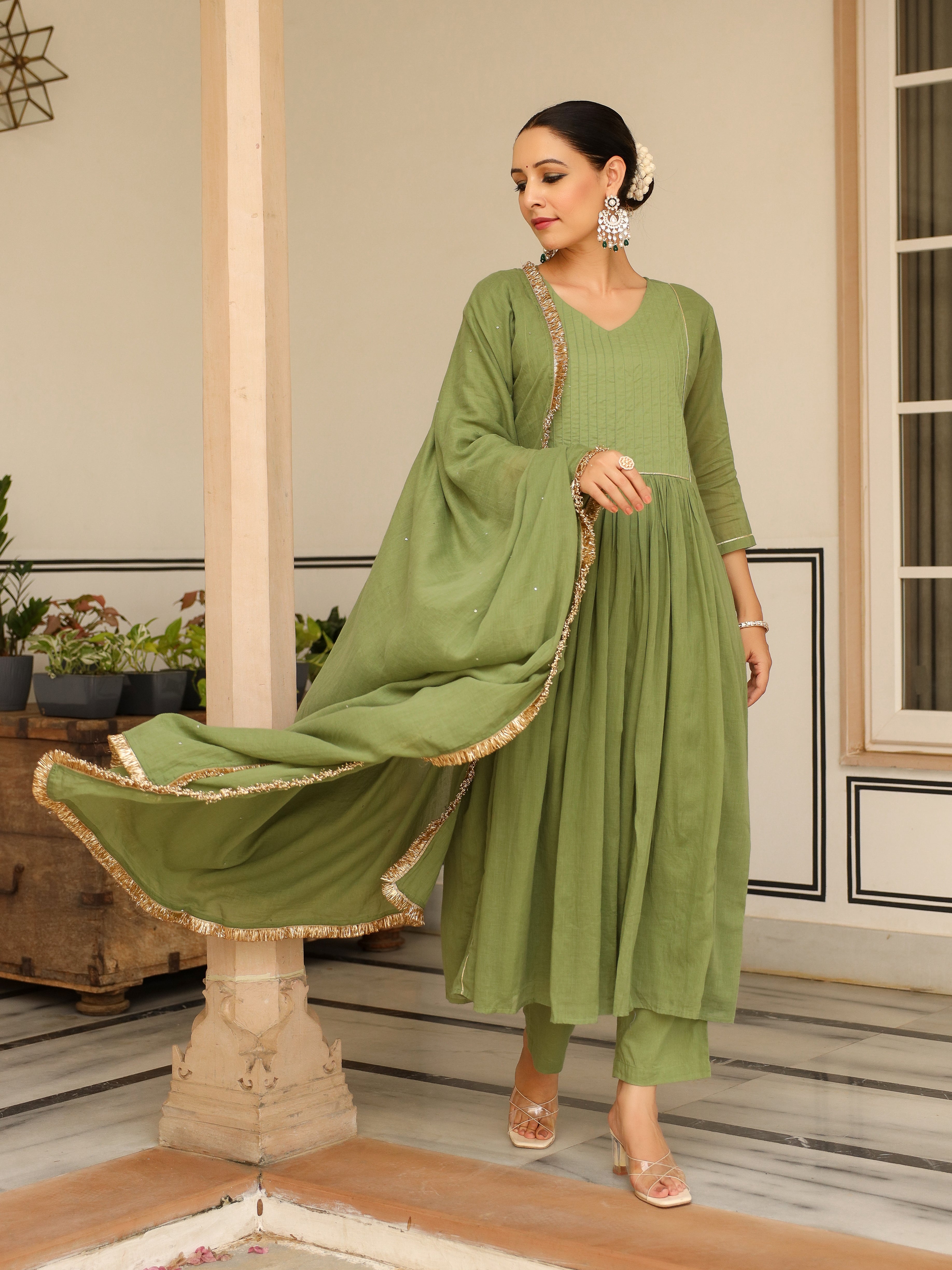 Light green pintucks mulmul cotton kurta set with trousers and dupatta