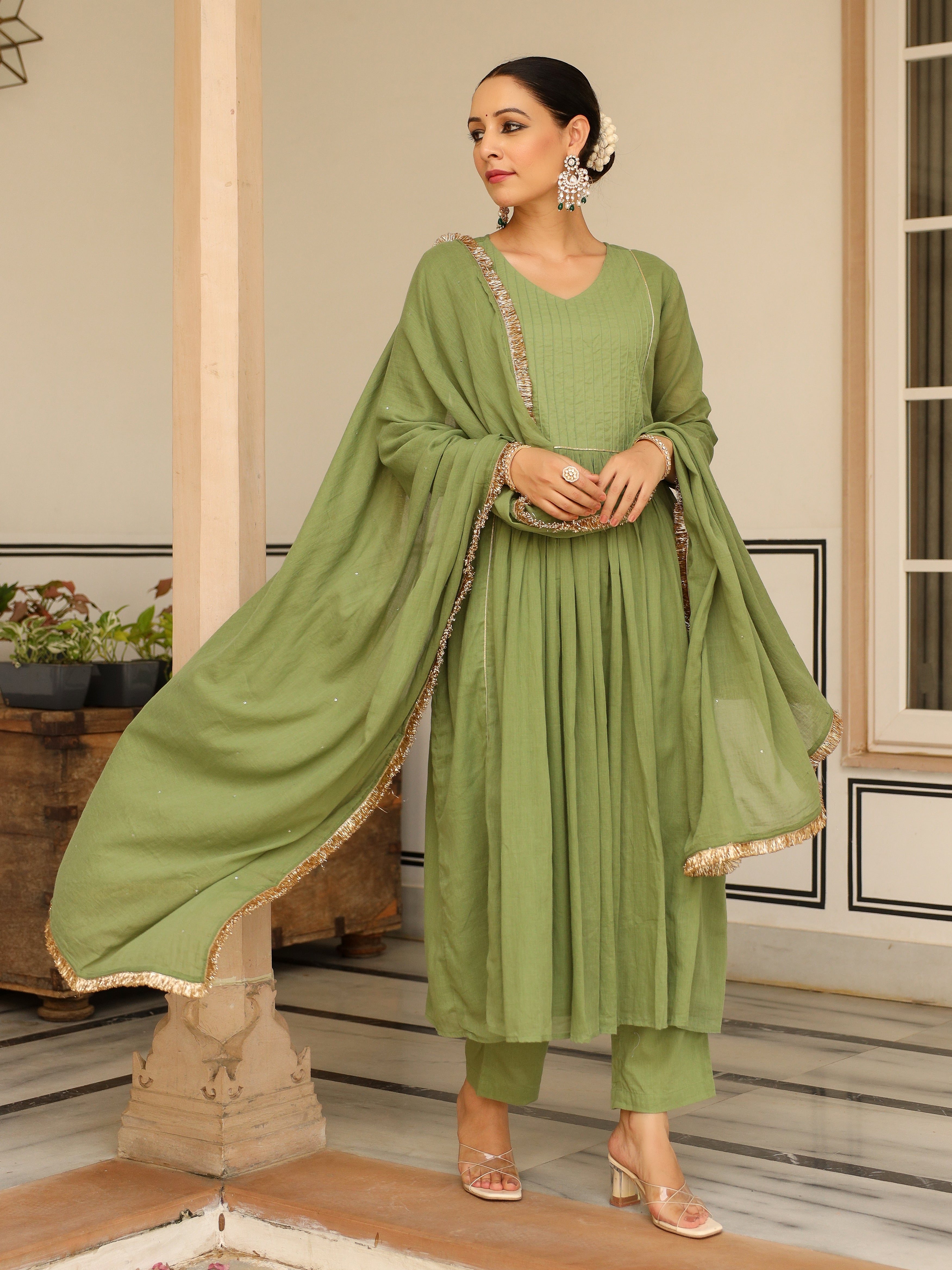 Light green pintucks mulmul cotton kurta set with trousers and dupatta