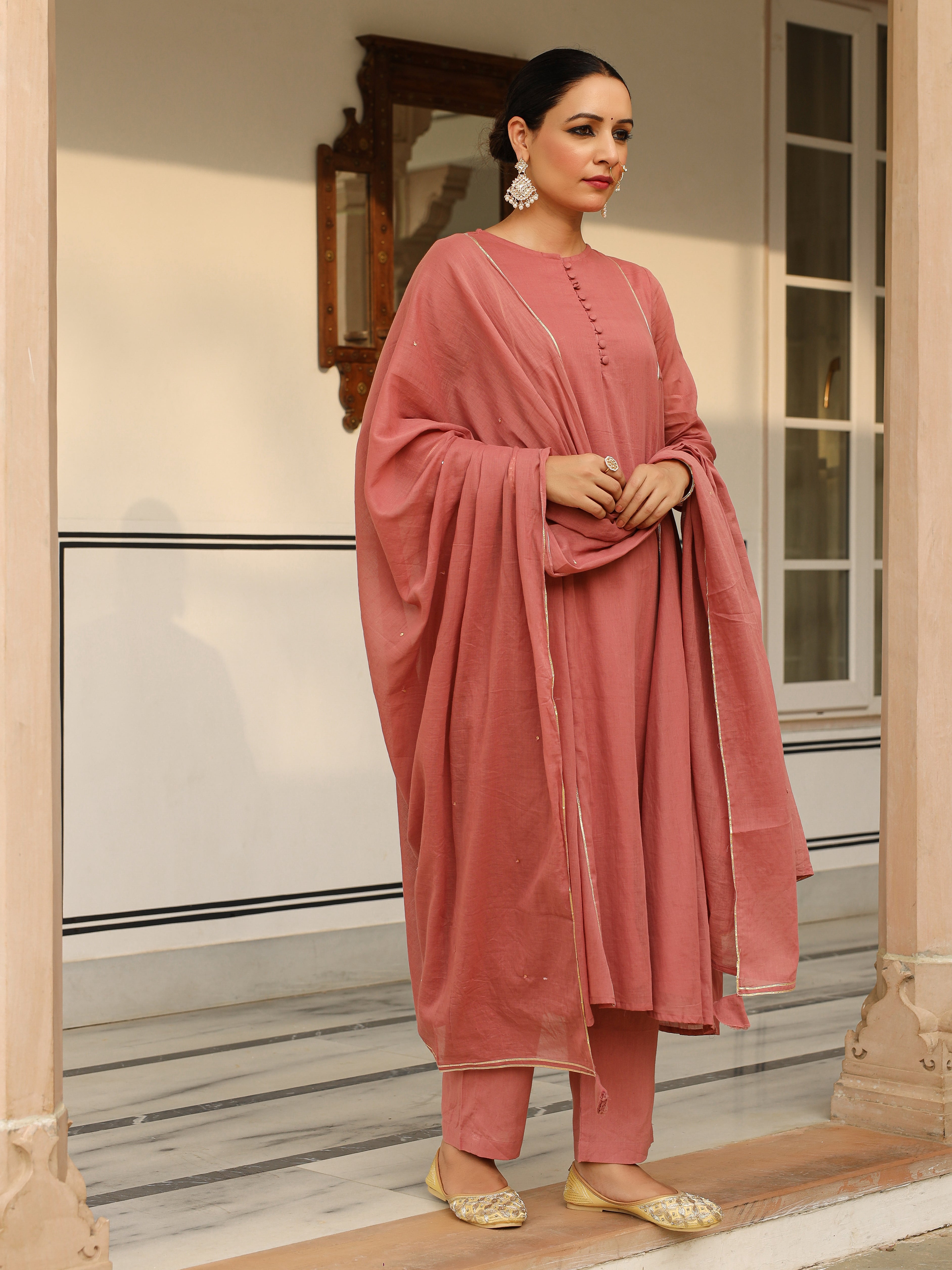Dusty red mulmul cotton anarkali kurta set with trousers and dupatta