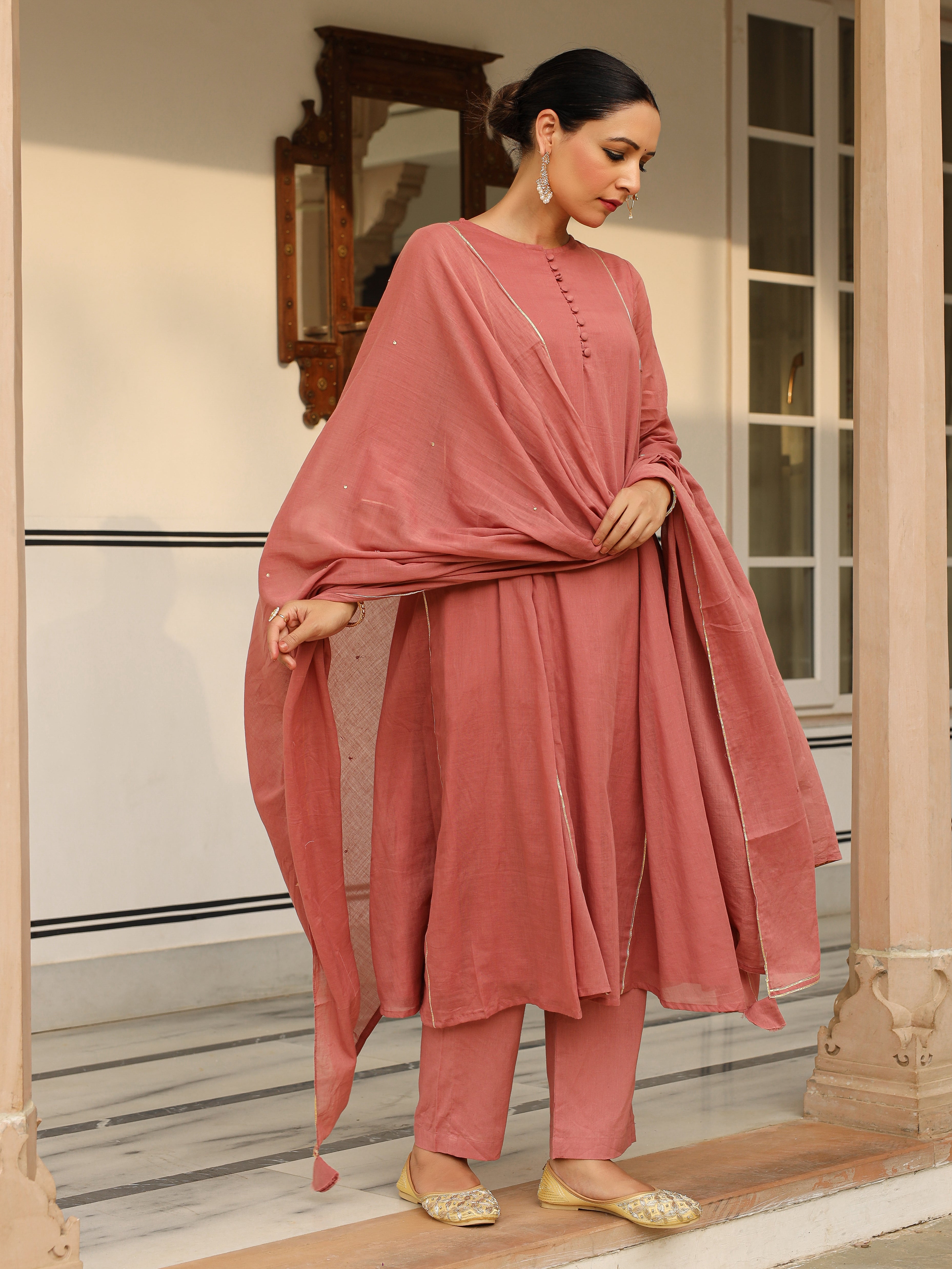 Dusty red mulmul cotton anarkali kurta set with trousers and dupatta