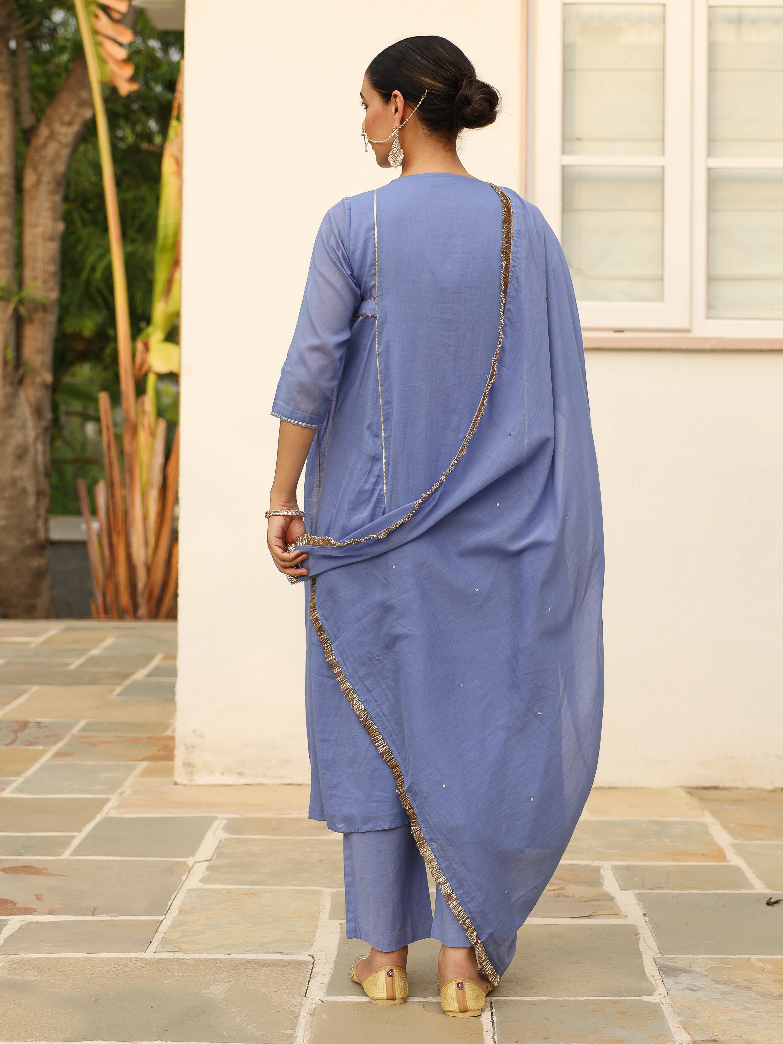 Lavender blue mulmul cotton anarkali kurta set with trousers and dupatta