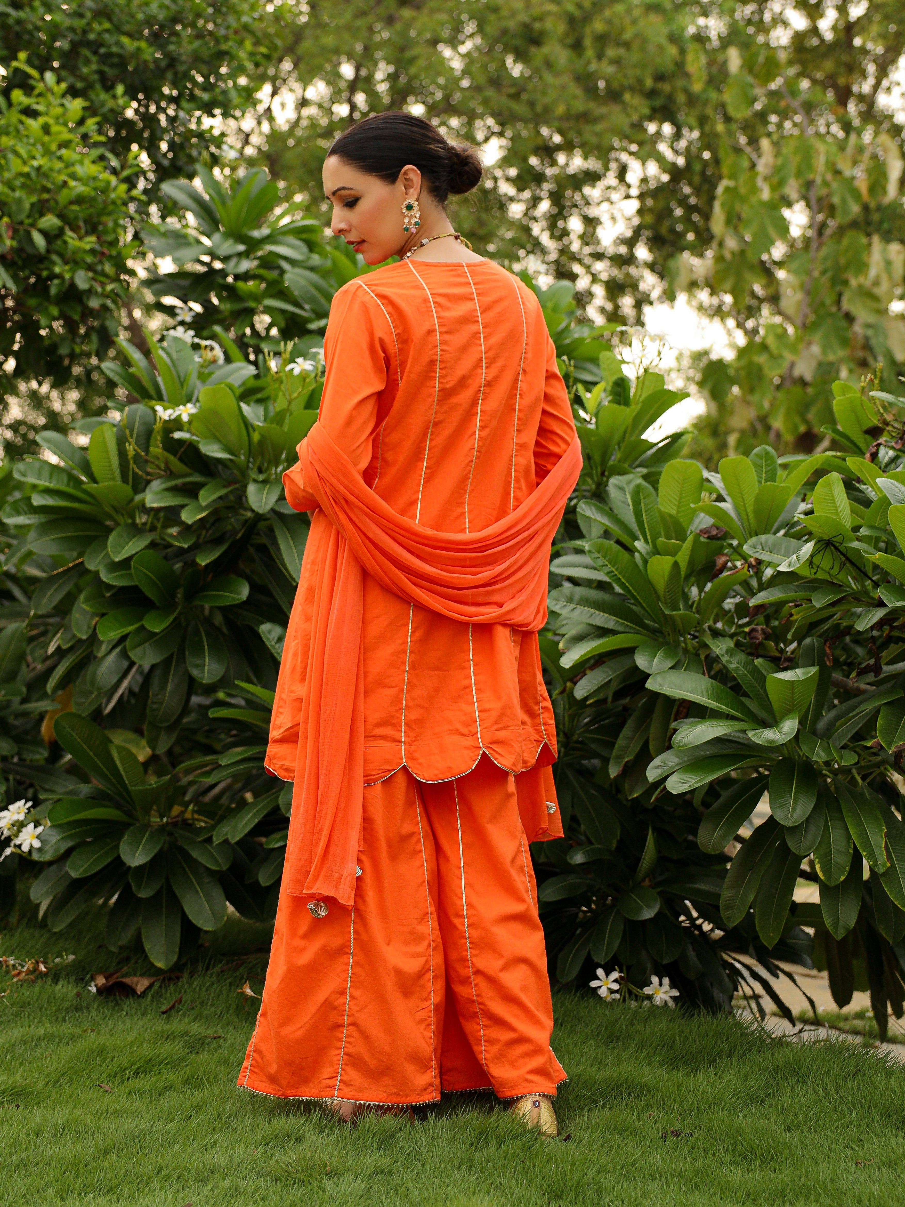Tangerine orange cotton kurta set with plazzo and dupatta
