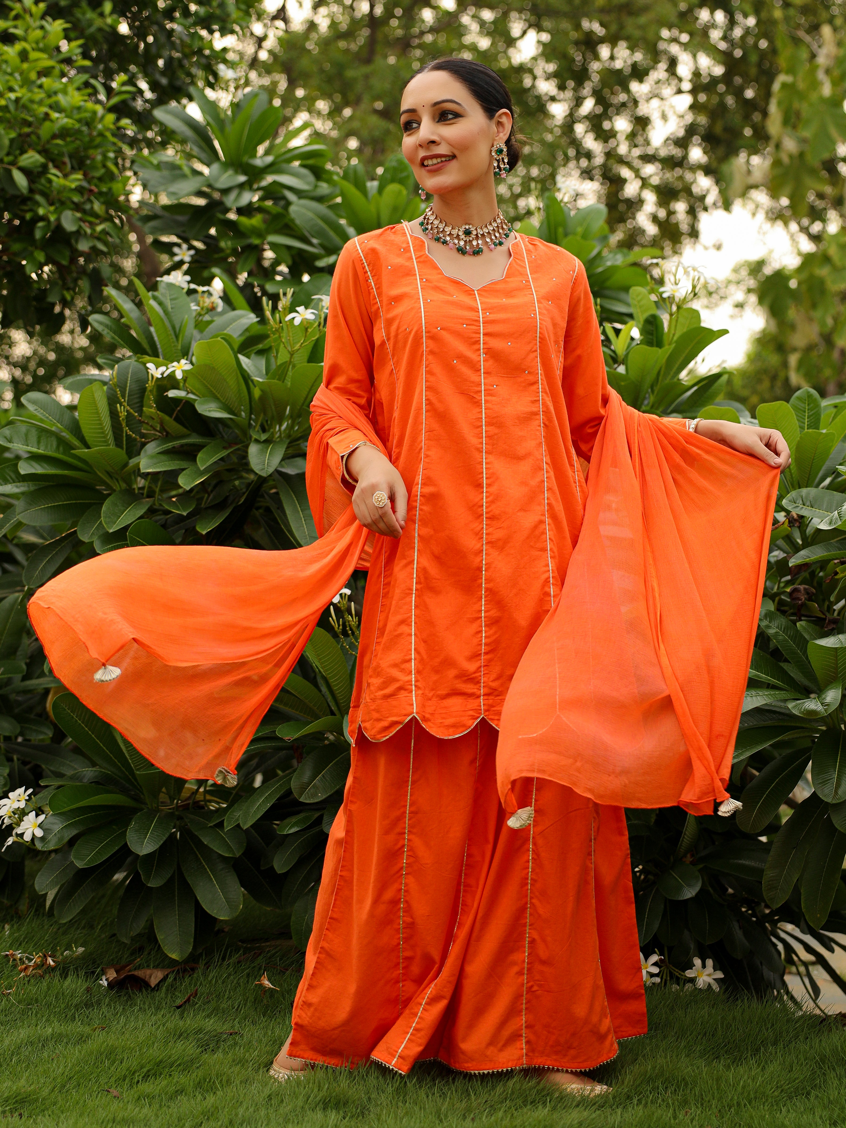 Tangerine orange cotton kurta set with plazzo and dupatta