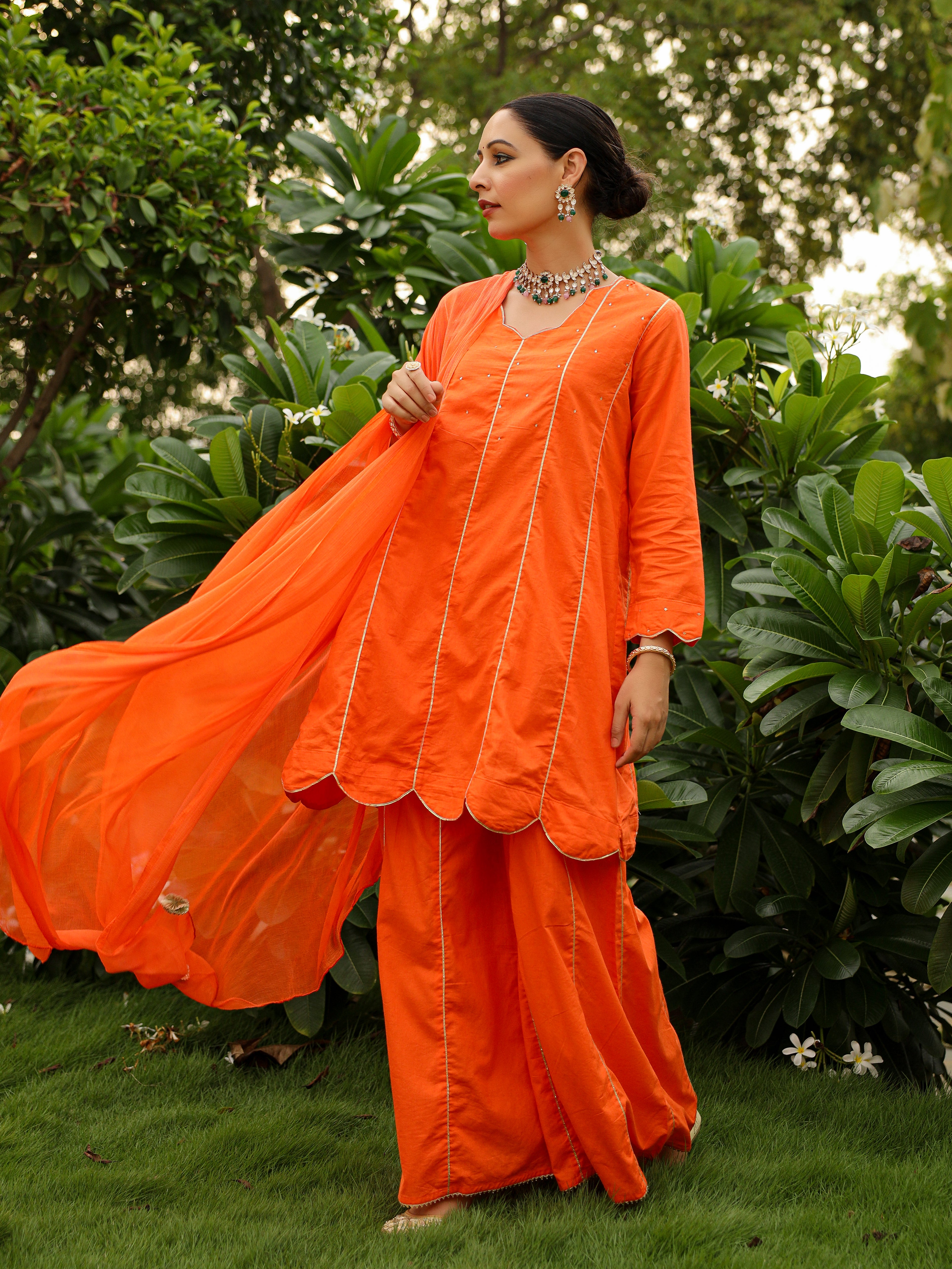 Tangerine orange cotton kurta set with plazzo and dupatta