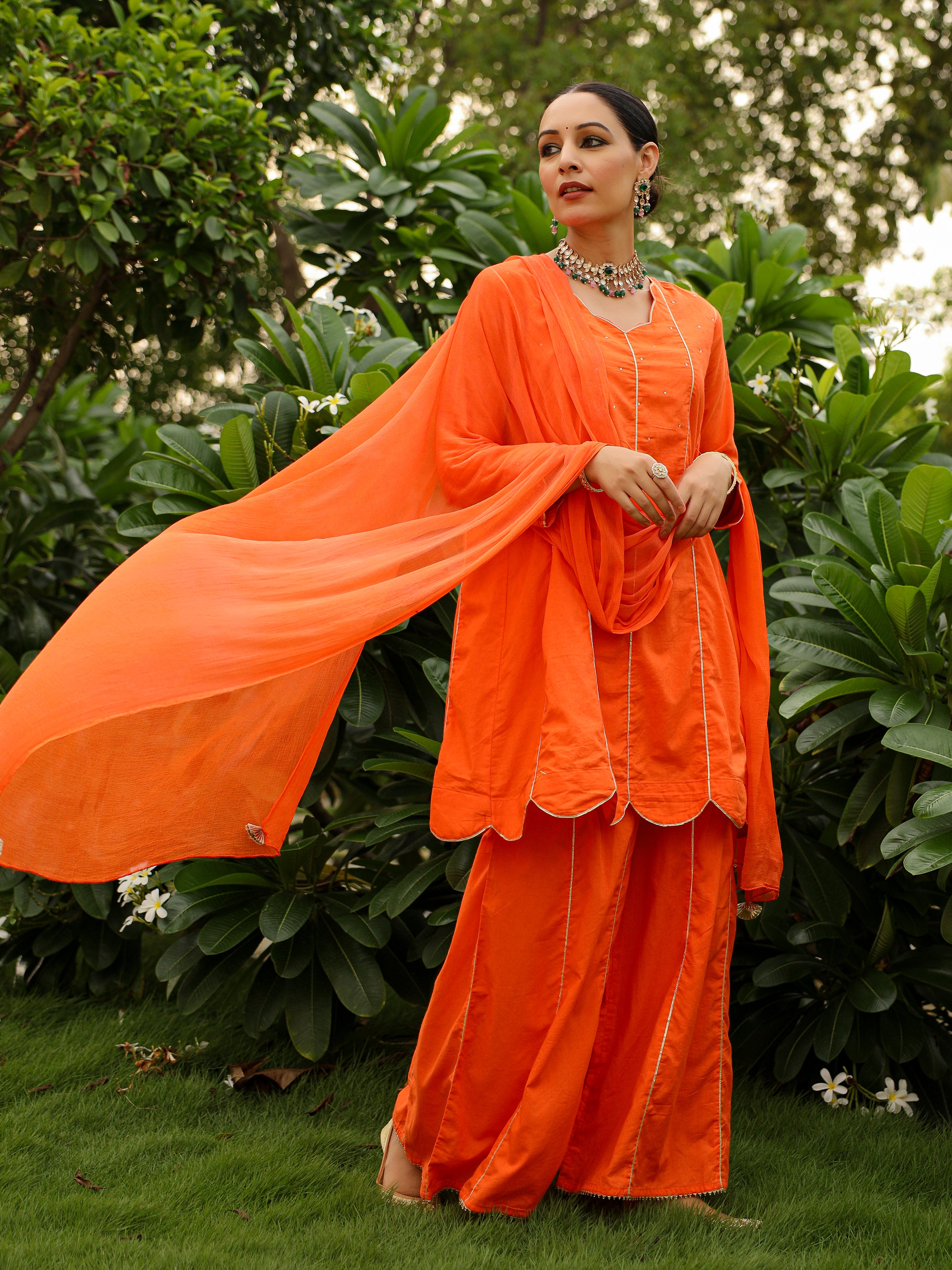 Tangerine orange cotton kurta set with plazzo and dupatta