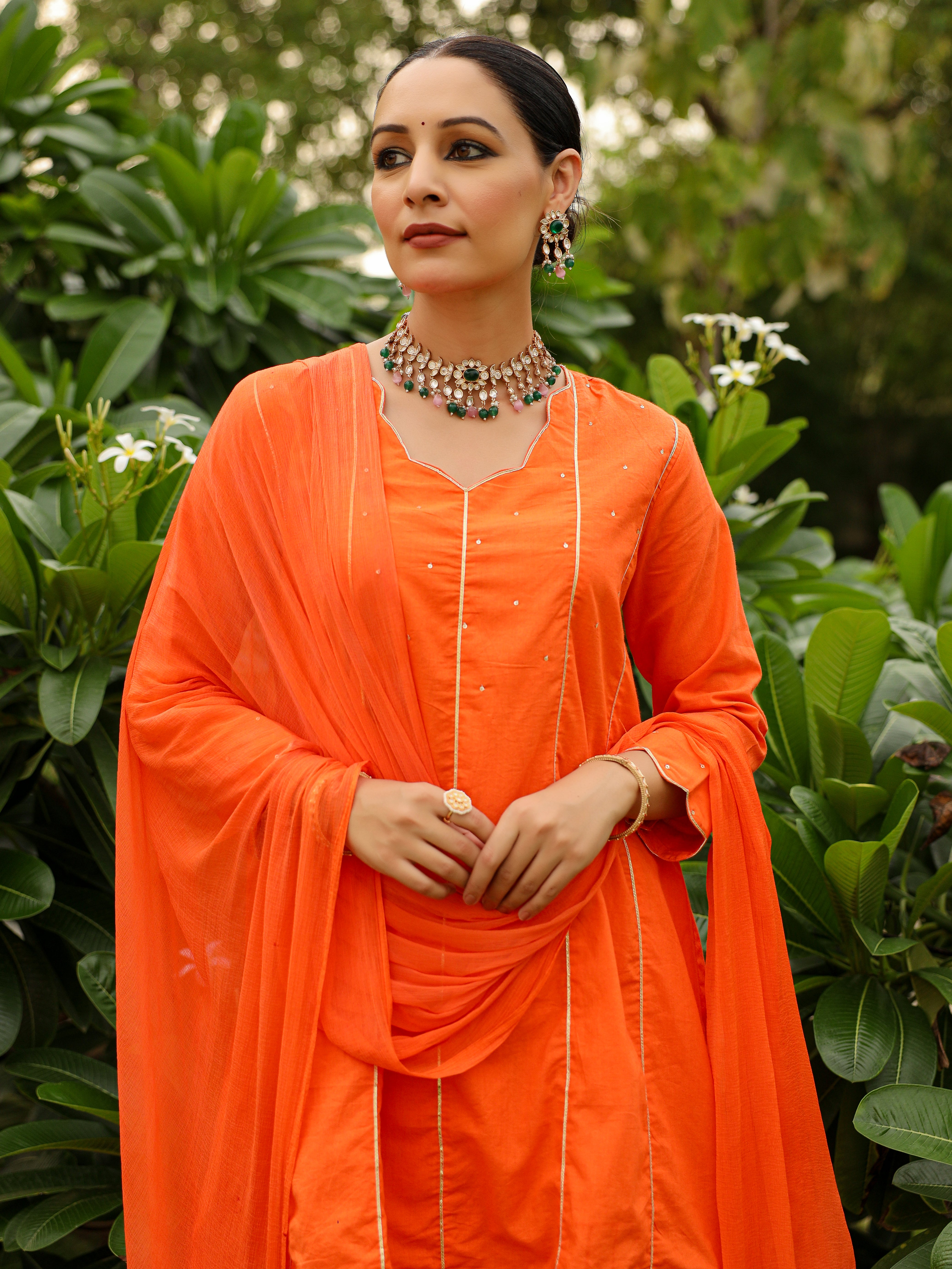 Tangerine orange cotton kurta set with plazzo and dupatta