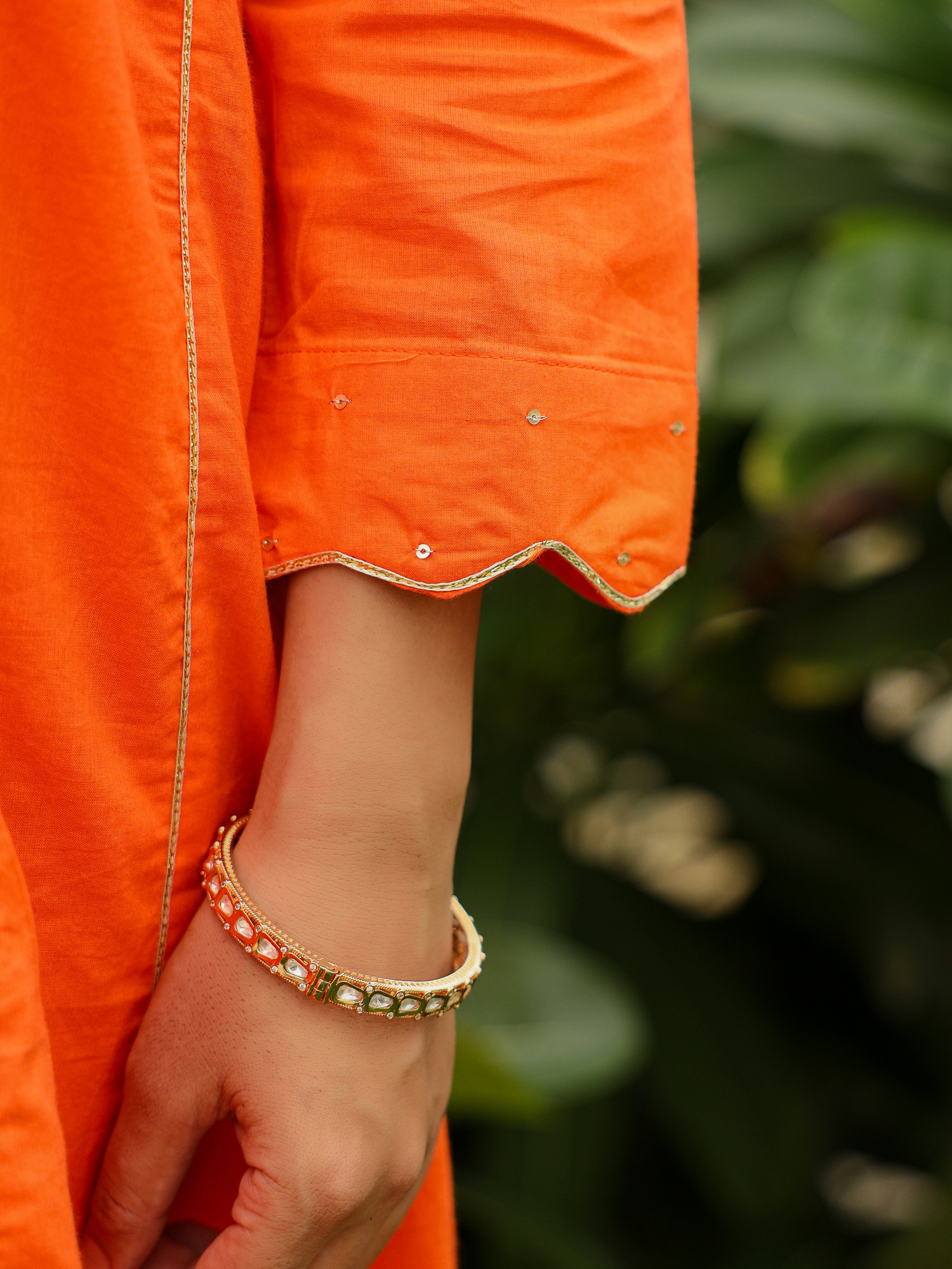 Tangerine orange cotton kurta set with plazzo and dupatta