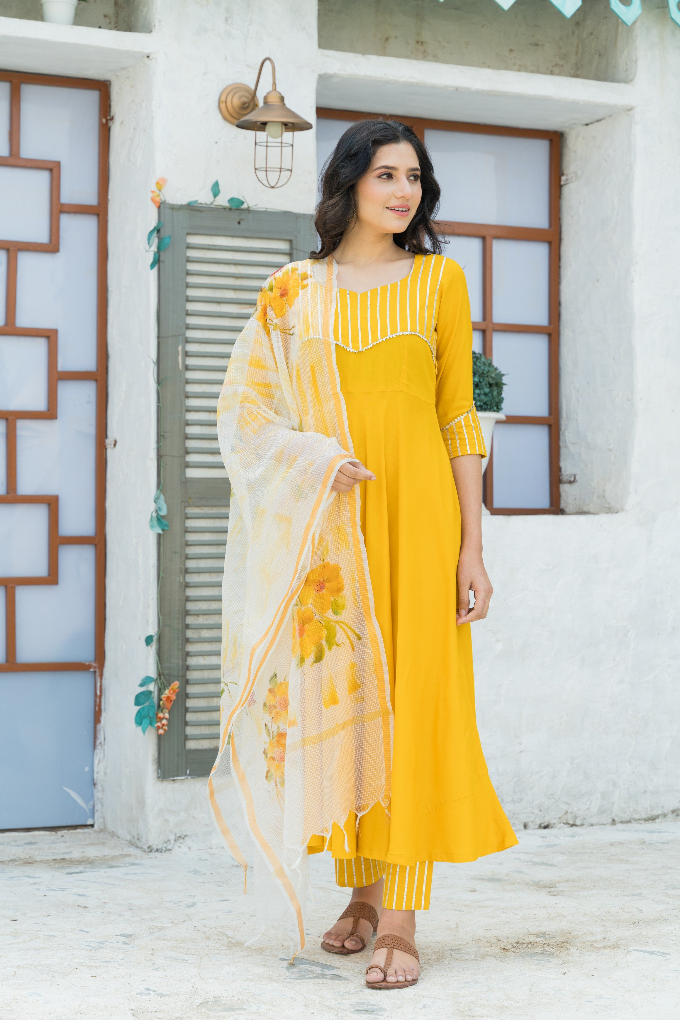Yellow Gota Kurta set with Hand Paint Doria Dupatta