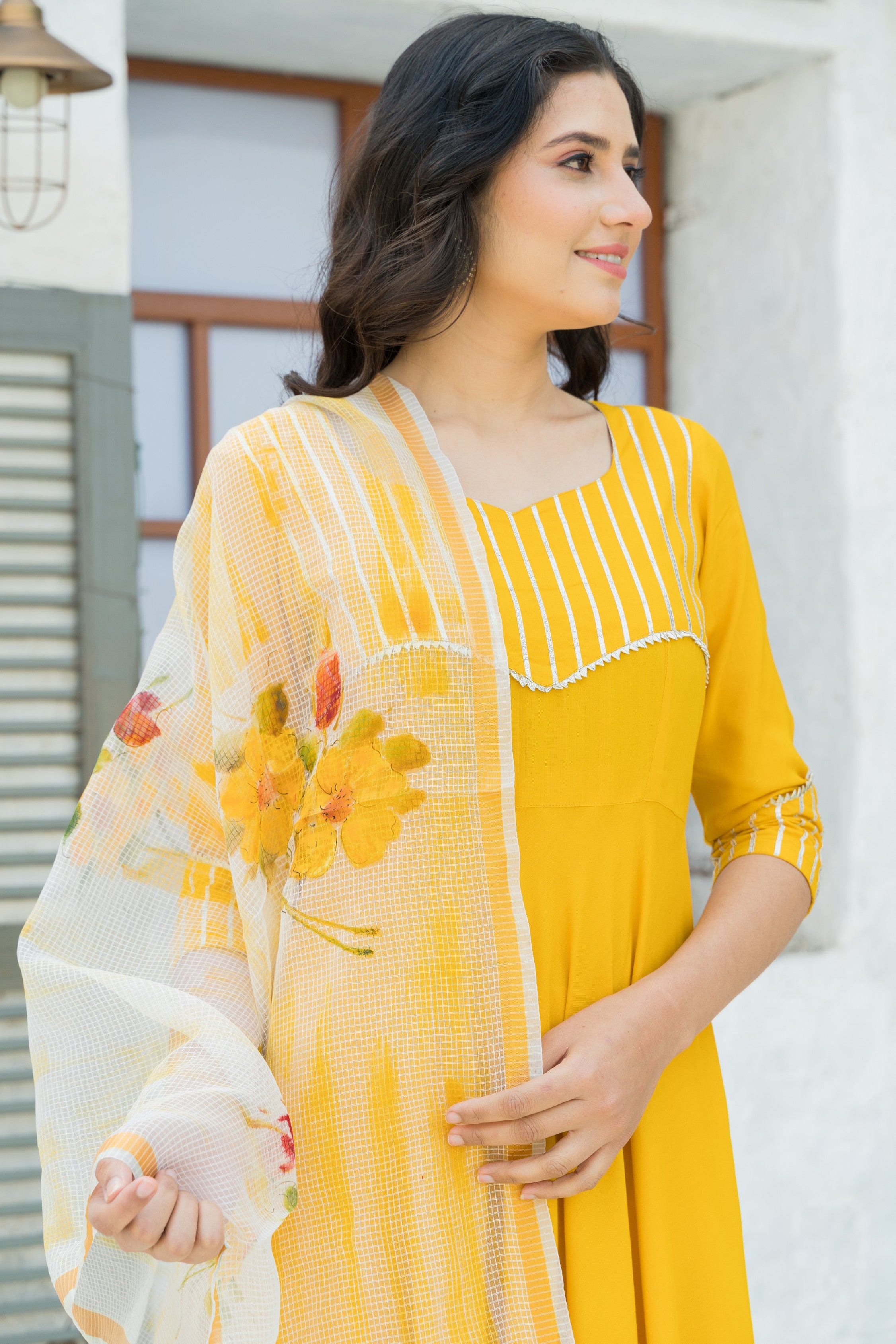 Yellow Gota Kurta set with Hand Paint Doria Dupatta