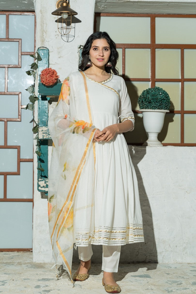 White flared Cotton Kurta set with hand Painted Doria Dupatta