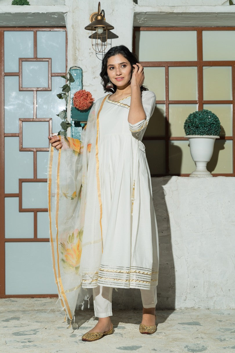 White flared Cotton Kurta set with hand Painted Doria Dupatta