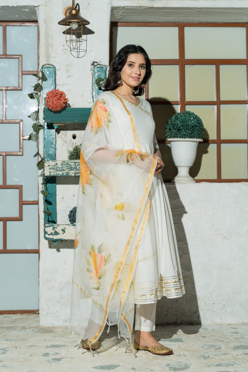White flared Cotton Kurta set with hand Painted Doria Dupatta