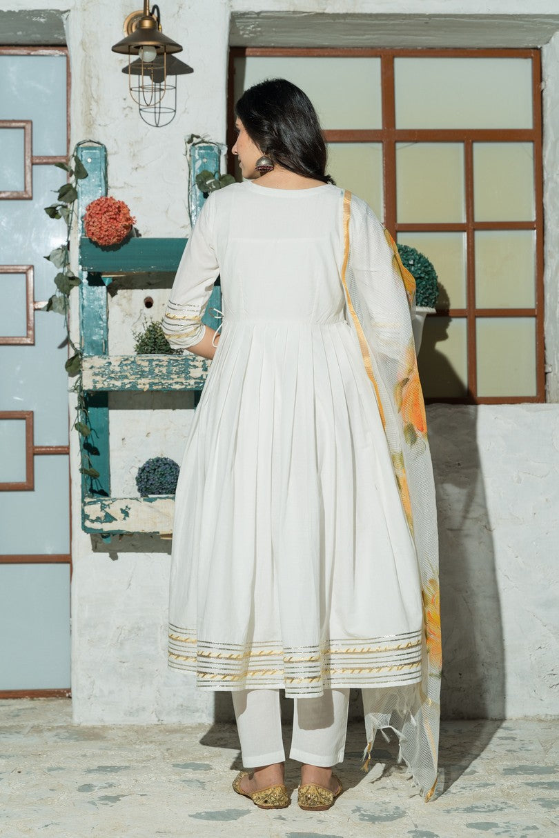 White flared Cotton Kurta set with hand Painted Doria Dupatta
