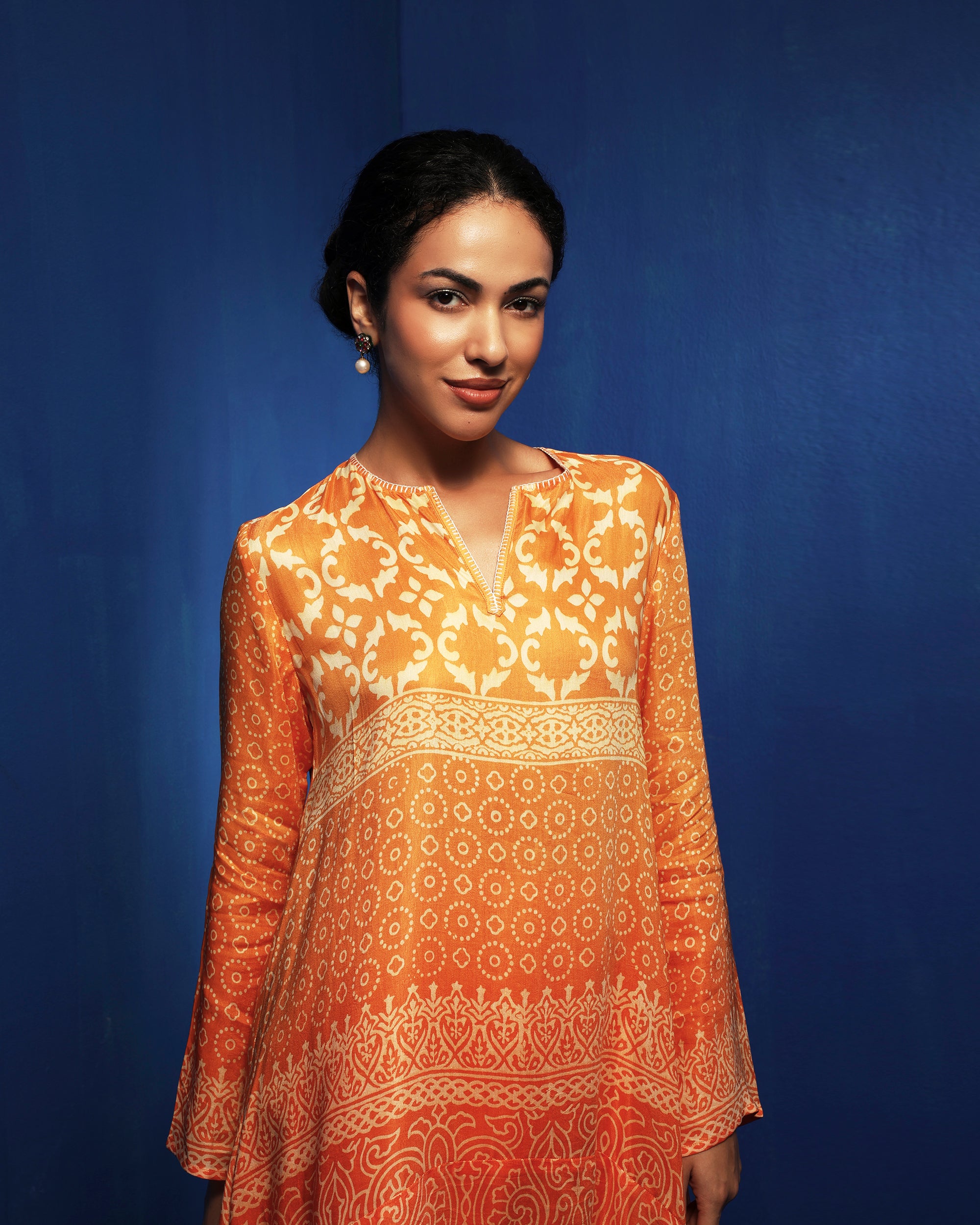 Orange ombre block printed tunic set