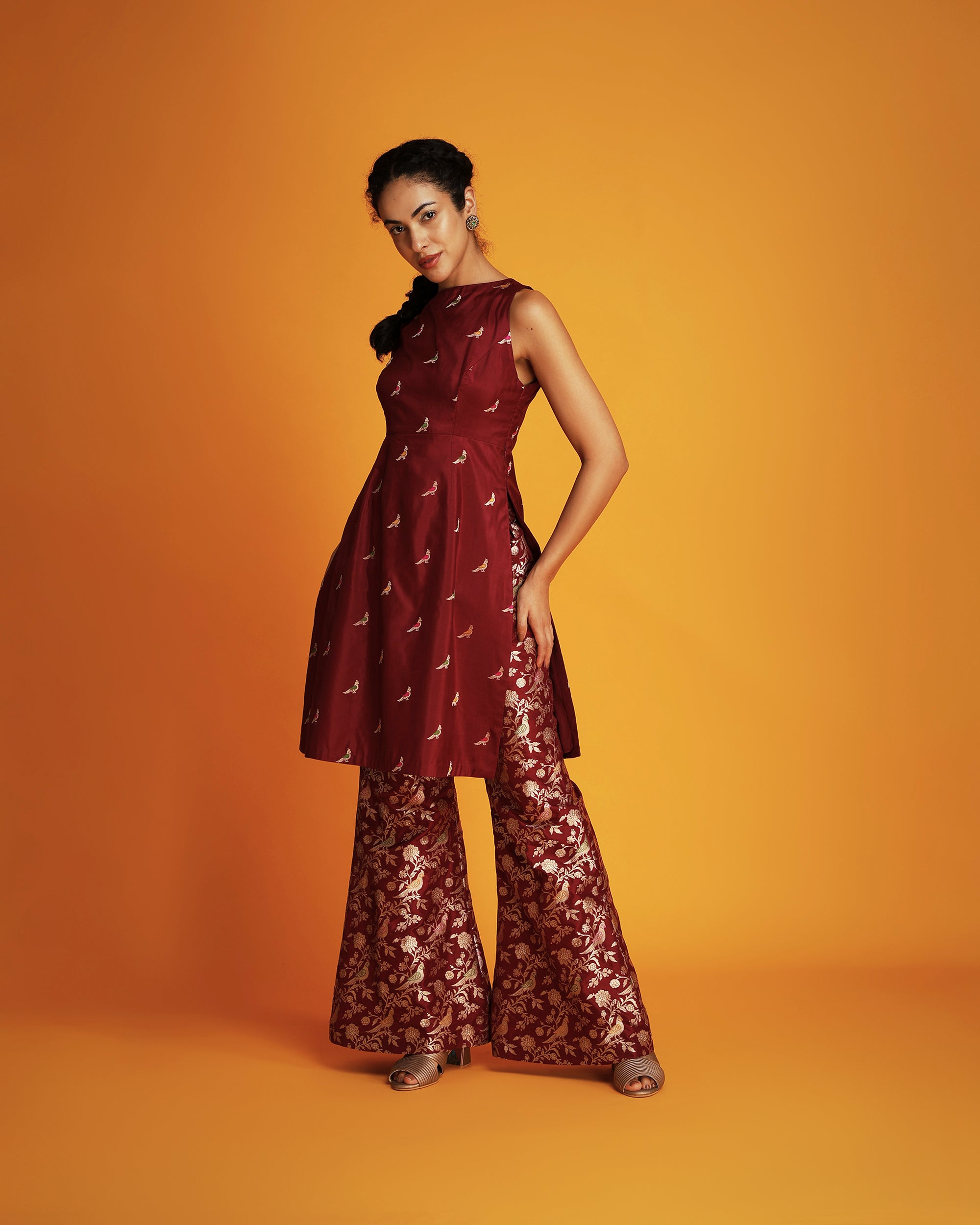 Maroon silk brocade sleeveless tunic