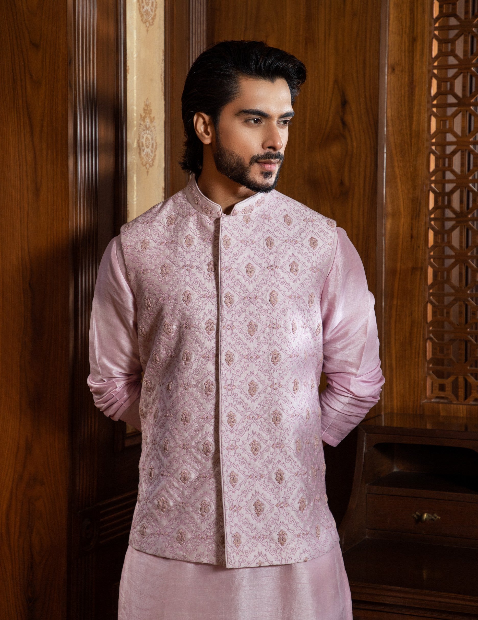 Lavender Hand Embroidered Jacket with Kurta Set